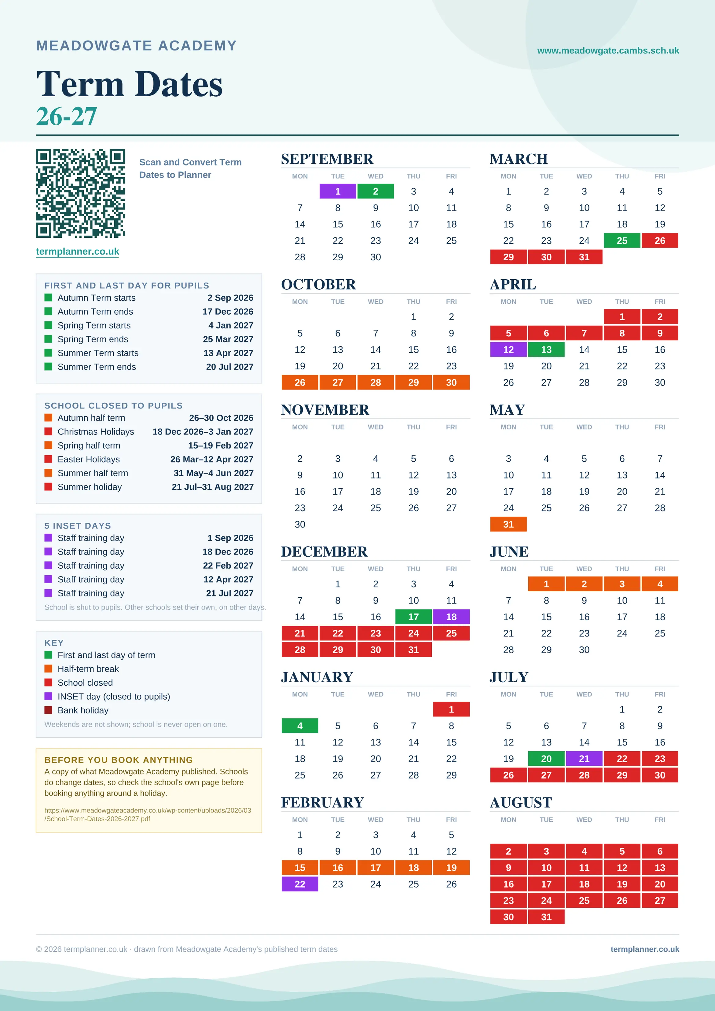 Meadowgate Academy’s 2026/27 school year drawn as one sheet: twelve month grids from September to August, Monday to Friday, with autumn term 2 September to 17 December 2026, spring term 4 January to 25 March 2027, summer term 13 April to 20 July 2027. Half terms, holidays and bank holidays are filled in colour, the first and last day of each term is marked, 5 INSET days are picked out, and every date is listed again in words down the left.