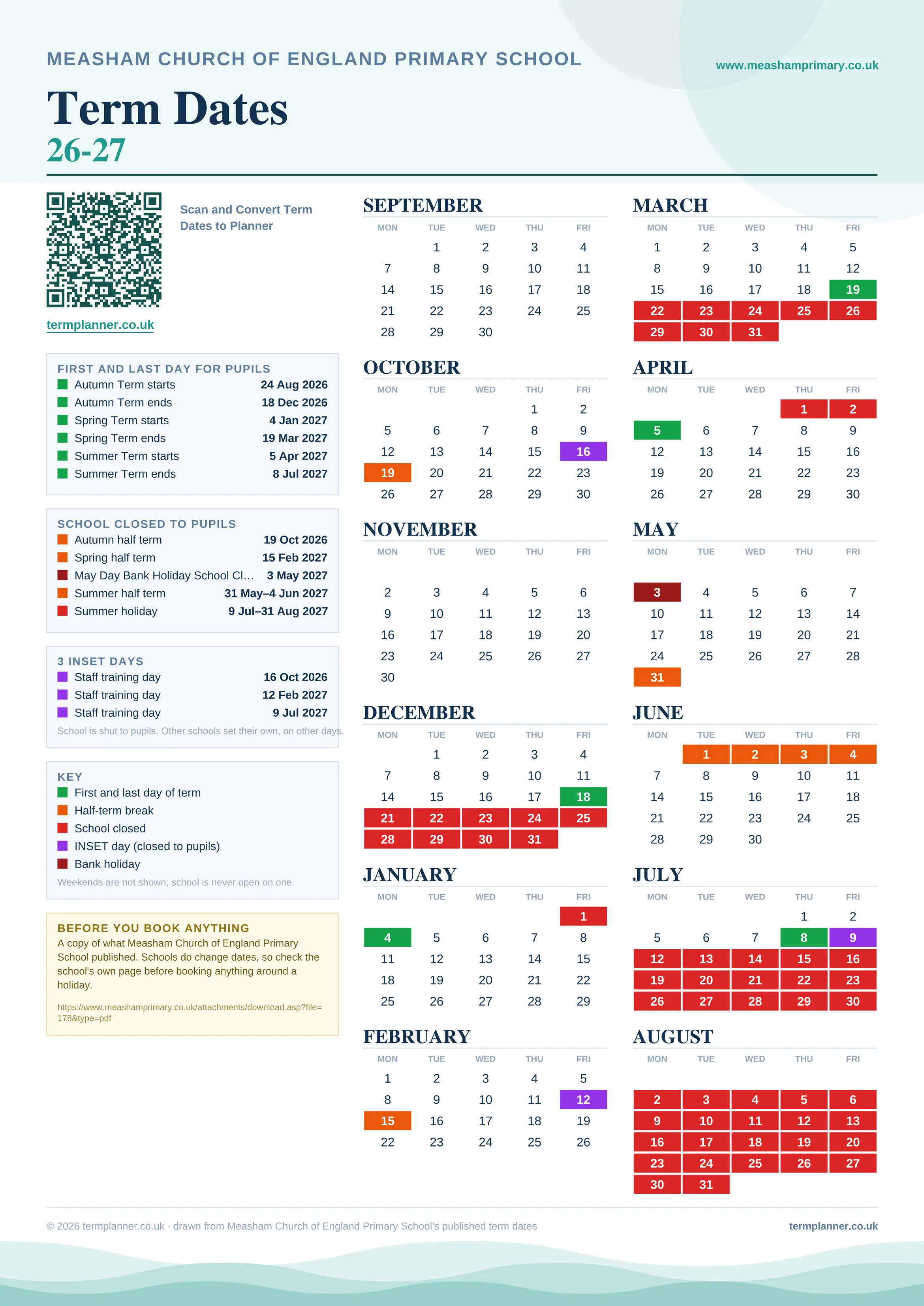 Measham Church of England Primary School’s 2026/27 school year drawn as one sheet: twelve month grids from September to August, Monday to Friday, with autumn term 24 August to 18 December 2026, spring term 4 January to 19 March 2027, summer term 5 April to 8 July 2027. Half terms, holidays and bank holidays are filled in colour, the first and last day of each term is marked, 3 INSET days are picked out, and every date is listed again in words down the left.
