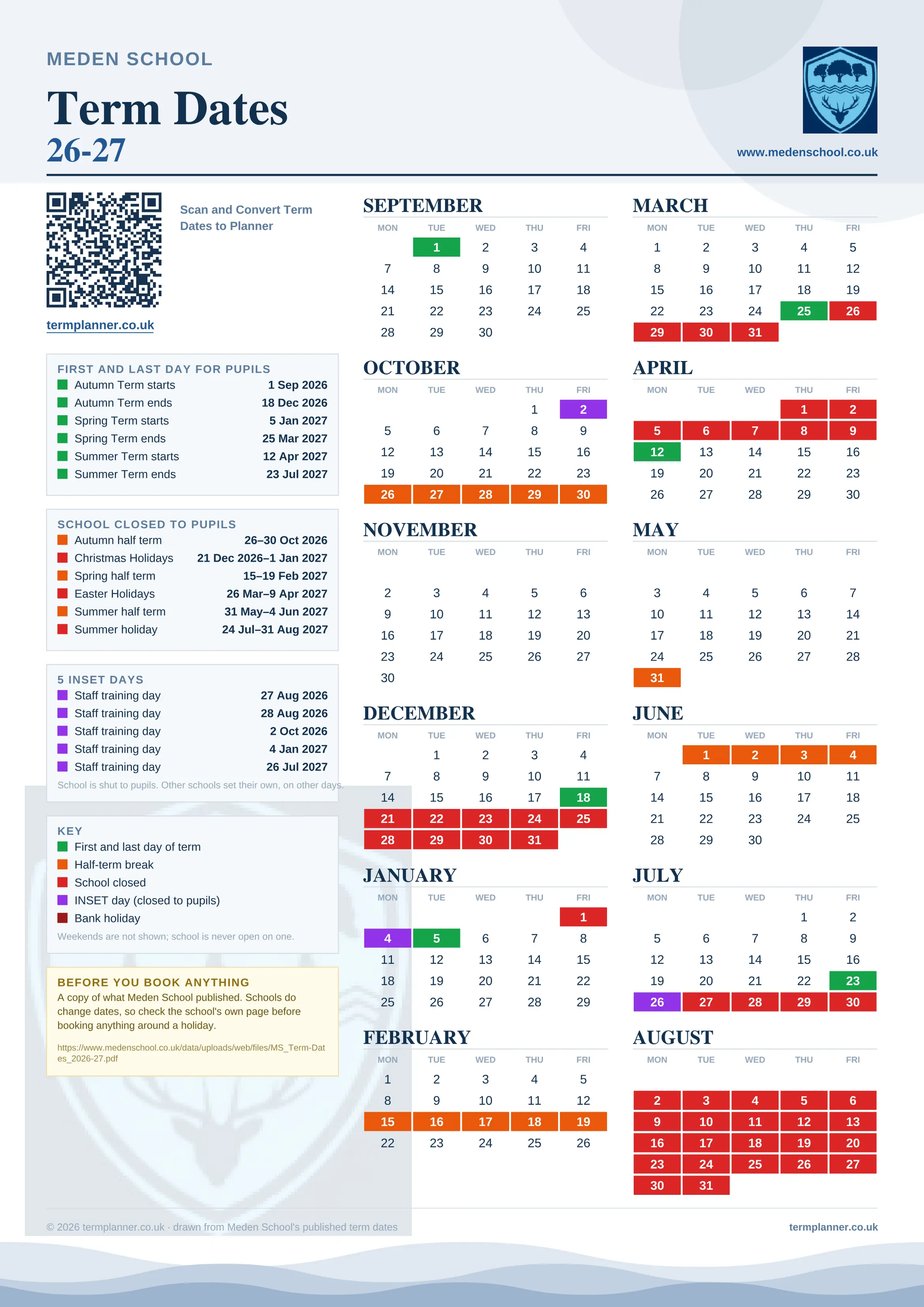 Meden School’s 2026/27 school year drawn as one sheet: twelve month grids from September to August, Monday to Friday, with autumn term 1 September to 18 December 2026, spring term 5 January to 25 March 2027, summer term 12 April to 23 July 2027. Half terms, holidays and bank holidays are filled in colour, the first and last day of each term is marked, 5 INSET days are picked out, and every date is listed again in words down the left.