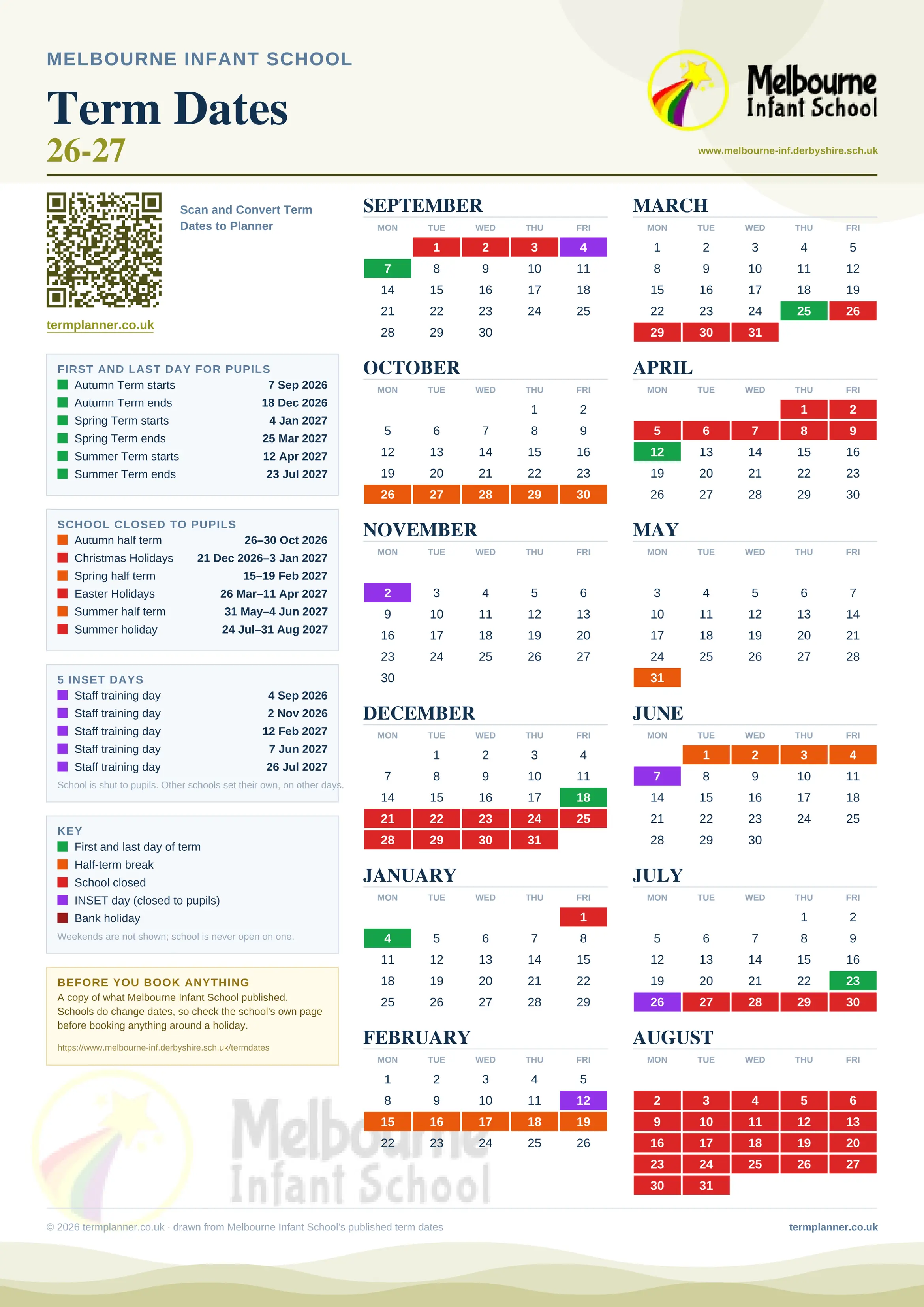 Melbourne Infant School’s 2026/27 school year drawn as one sheet: twelve month grids from September to August, Monday to Friday, with autumn term 7 September to 18 December 2026, spring term 4 January to 25 March 2027, summer term 12 April to 23 July 2027. Half terms, holidays and bank holidays are filled in colour, the first and last day of each term is marked, 5 INSET days are picked out, and every date is listed again in words down the left.