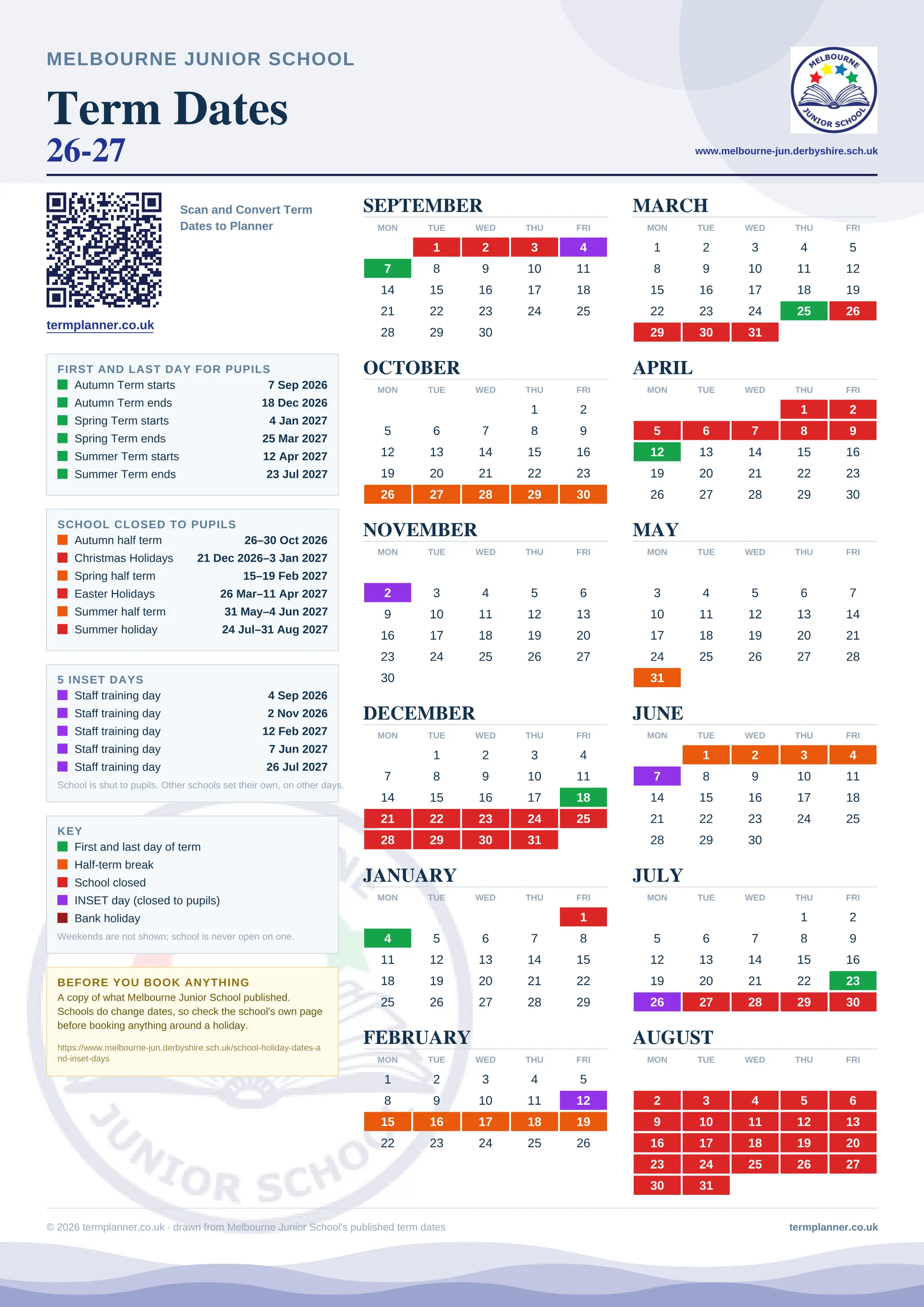 Melbourne Junior School’s 2026/27 school year drawn as one sheet: twelve month grids from September to August, Monday to Friday, with autumn term 7 September to 18 December 2026, spring term 4 January to 25 March 2027, summer term 12 April to 23 July 2027. Half terms, holidays and bank holidays are filled in colour, the first and last day of each term is marked, 5 INSET days are picked out, and every date is listed again in words down the left.