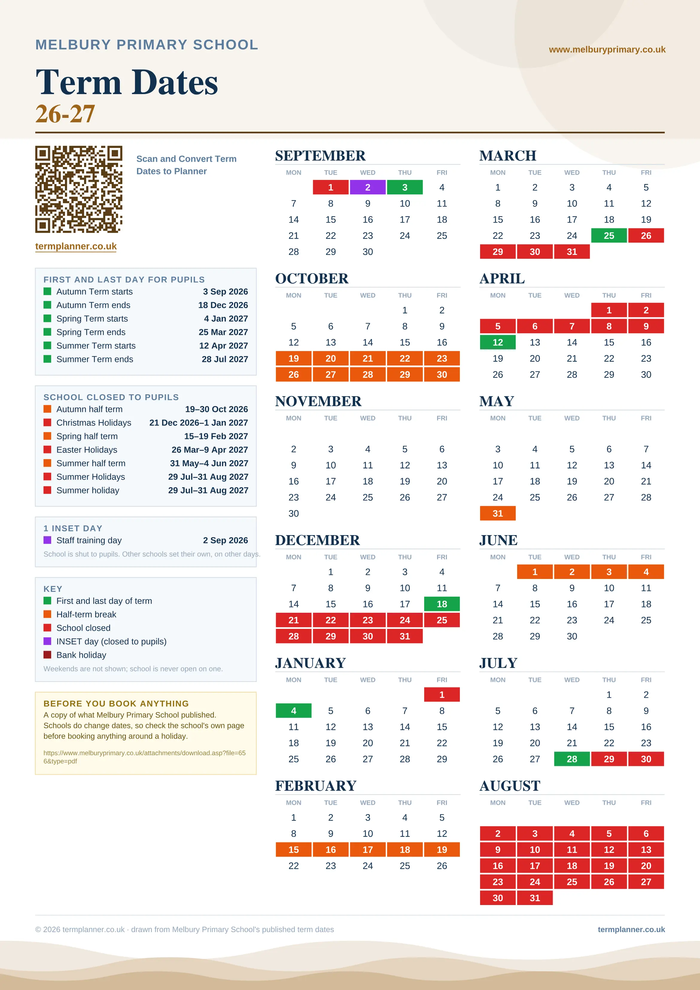Melbury Primary School’s 2026/27 school year drawn as one sheet: twelve month grids from September to August, Monday to Friday, with autumn term 3 September to 18 December 2026, spring term 4 January to 25 March 2027, summer term 12 April to 28 July 2027. Half terms, holidays and bank holidays are filled in colour, the first and last day of each term is marked, 1 INSET day is picked out, and every date is listed again in words down the left.