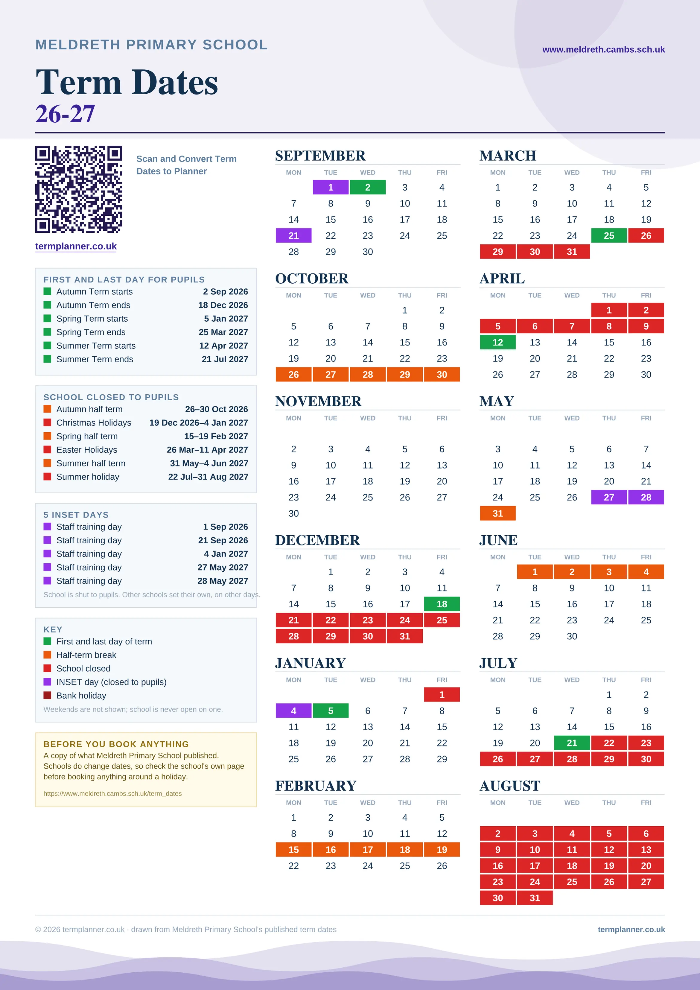 Meldreth Primary School’s 2026/27 school year drawn as one sheet: twelve month grids from September to August, Monday to Friday, with autumn term 2 September to 18 December 2026, spring term 5 January to 25 March 2027, summer term 12 April to 21 July 2027. Half terms, holidays and bank holidays are filled in colour, the first and last day of each term is marked, 5 INSET days are picked out, and every date is listed again in words down the left.