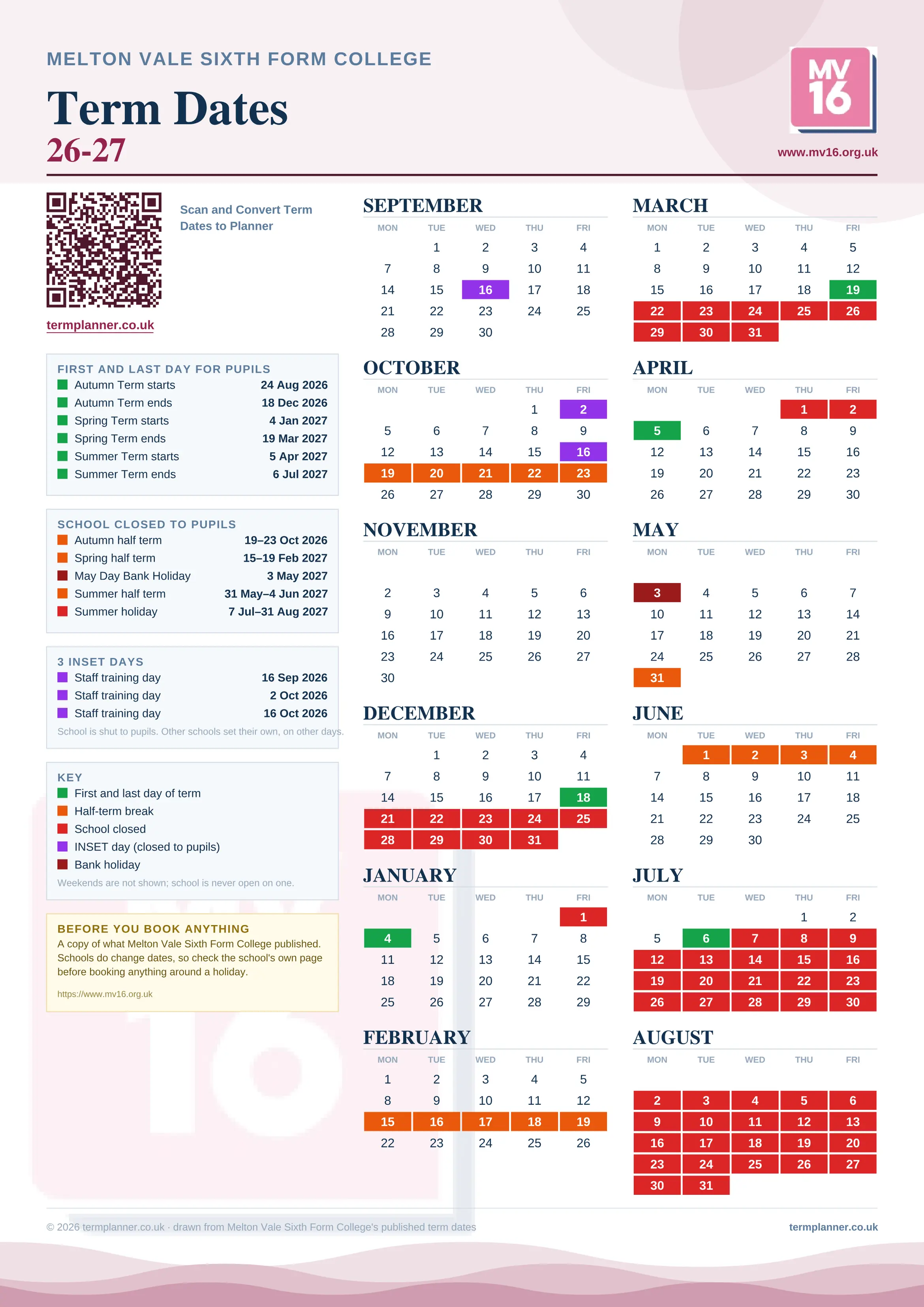 Melton Vale Sixth Form College’s 2026/27 school year drawn as one sheet: twelve month grids from September to August, Monday to Friday, with autumn term 24 August to 18 December 2026, spring term 4 January to 19 March 2027, summer term 5 April to 6 July 2027. Half terms, holidays and bank holidays are filled in colour, the first and last day of each term is marked, 4 INSET days are picked out, and every date is listed again in words down the left.