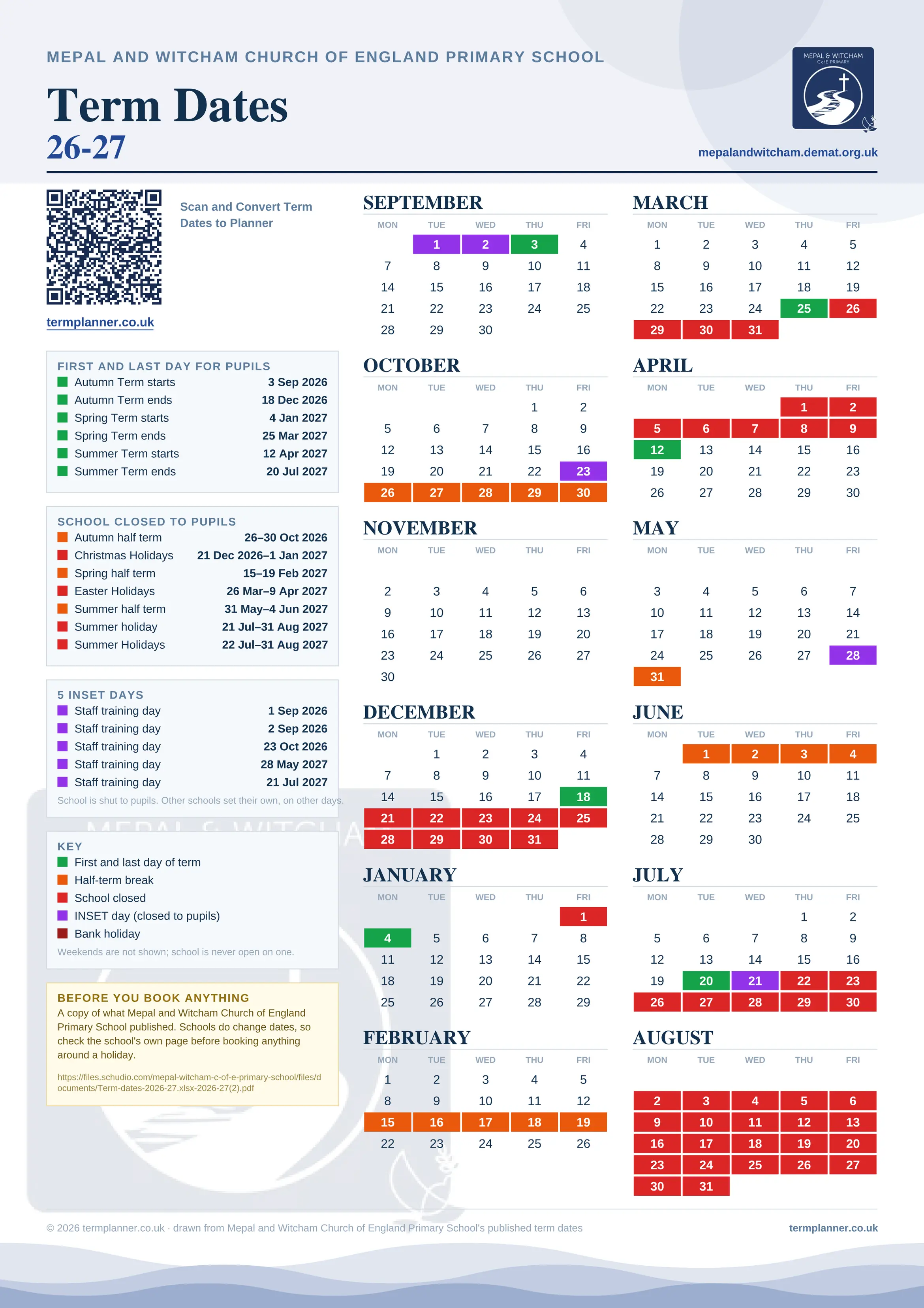 Mepal and Witcham Church of England Primary School’s 2026/27 school year drawn as one sheet: twelve month grids from September to August, Monday to Friday, with autumn term 3 September to 18 December 2026, spring term 4 January to 25 March 2027, summer term 12 April to 20 July 2027. Half terms, holidays and bank holidays are filled in colour, the first and last day of each term is marked, 5 INSET days are picked out, and every date is listed again in words down the left.