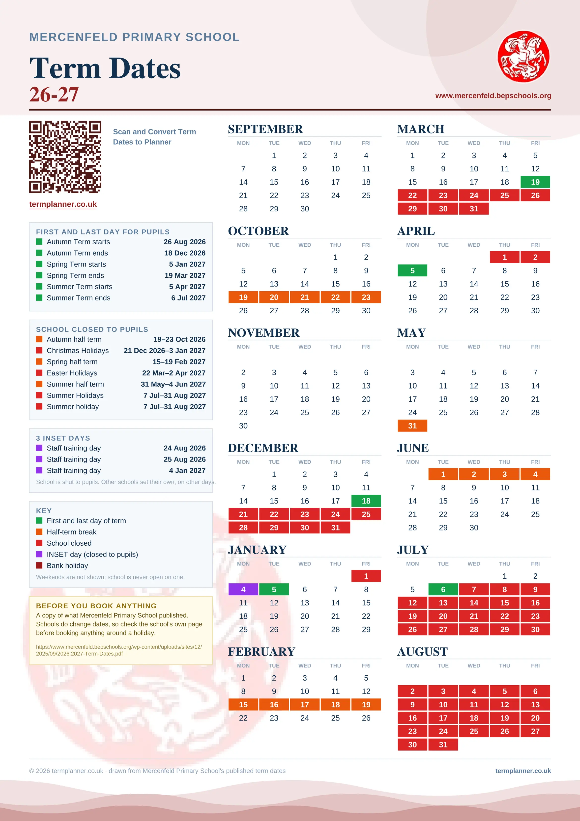 Mercenfeld Primary School’s 2026/27 school year drawn as one sheet: twelve month grids from September to August, Monday to Friday, with autumn term 26 August to 18 December 2026, spring term 5 January to 19 March 2027, summer term 5 April to 6 July 2027. Half terms, holidays and bank holidays are filled in colour, the first and last day of each term is marked, 3 INSET days are picked out, and every date is listed again in words down the left.