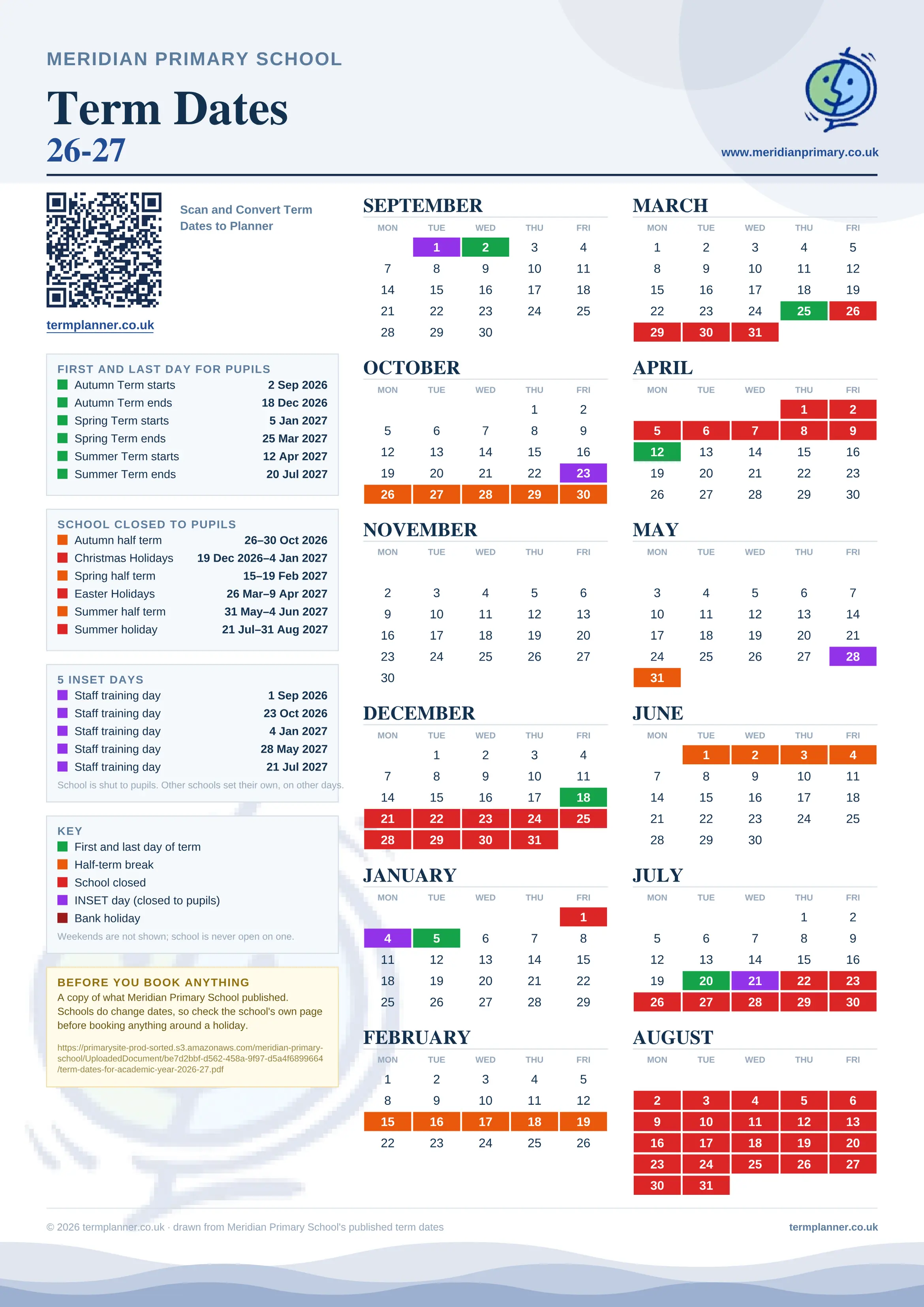 Meridian Primary School’s 2026/27 school year drawn as one sheet: twelve month grids from September to August, Monday to Friday, with autumn term 2 September to 18 December 2026, spring term 5 January to 25 March 2027, summer term 12 April to 20 July 2027. Half terms, holidays and bank holidays are filled in colour, the first and last day of each term is marked, 5 INSET days are picked out, and every date is listed again in words down the left.