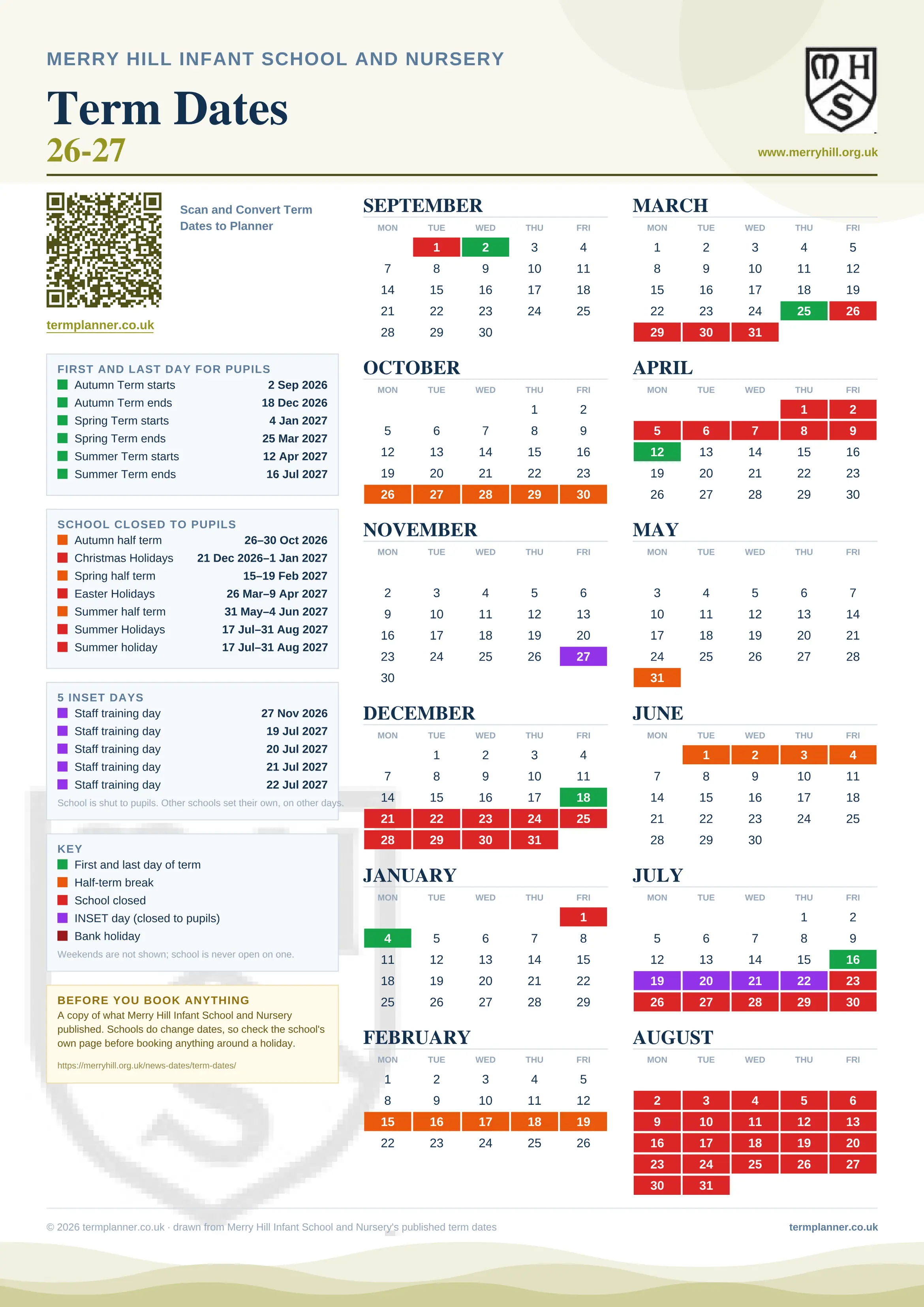 Merry Hill Infant School and Nursery’s 2026/27 school year drawn as one sheet: twelve month grids from September to August, Monday to Friday, with autumn term 2 September to 18 December 2026, spring term 4 January to 25 March 2027, summer term 12 April to 16 July 2027. Half terms, holidays and bank holidays are filled in colour, the first and last day of each term is marked, 5 INSET days are picked out, and every date is listed again in words down the left.