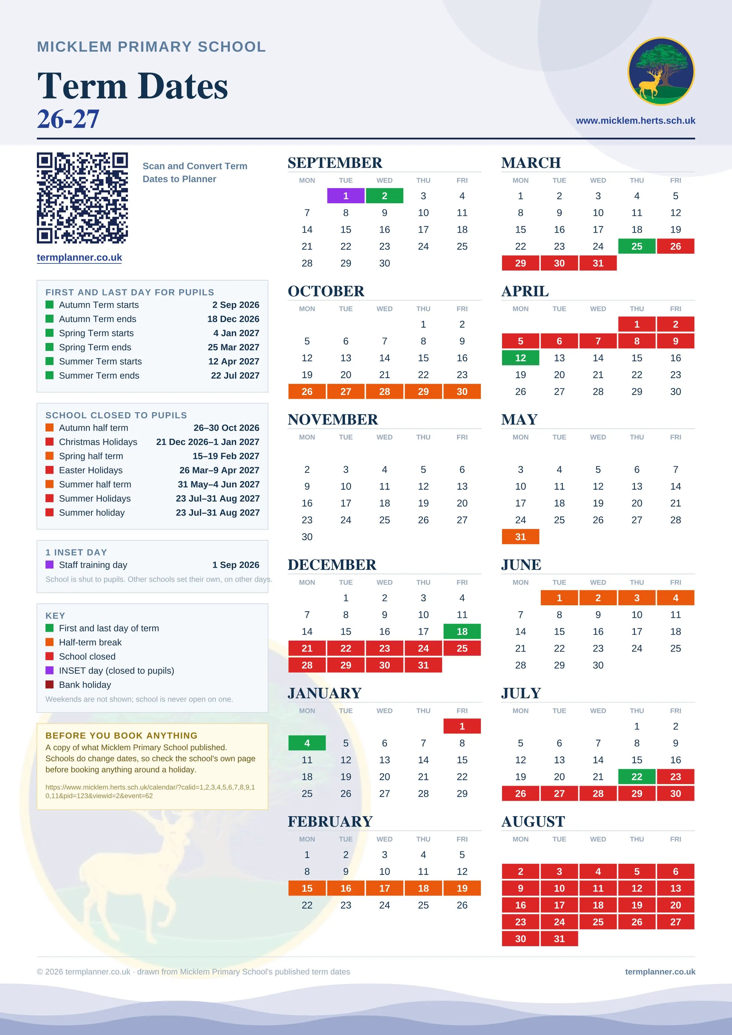 Micklem Primary School’s 2026/27 school year drawn as one sheet: twelve month grids from September to August, Monday to Friday, with autumn term 2 September to 18 December 2026, spring term 4 January to 25 March 2027, summer term 12 April to 22 July 2027. Half terms, holidays and bank holidays are filled in colour, the first and last day of each term is marked, 1 INSET day is picked out, and every date is listed again in words down the left.