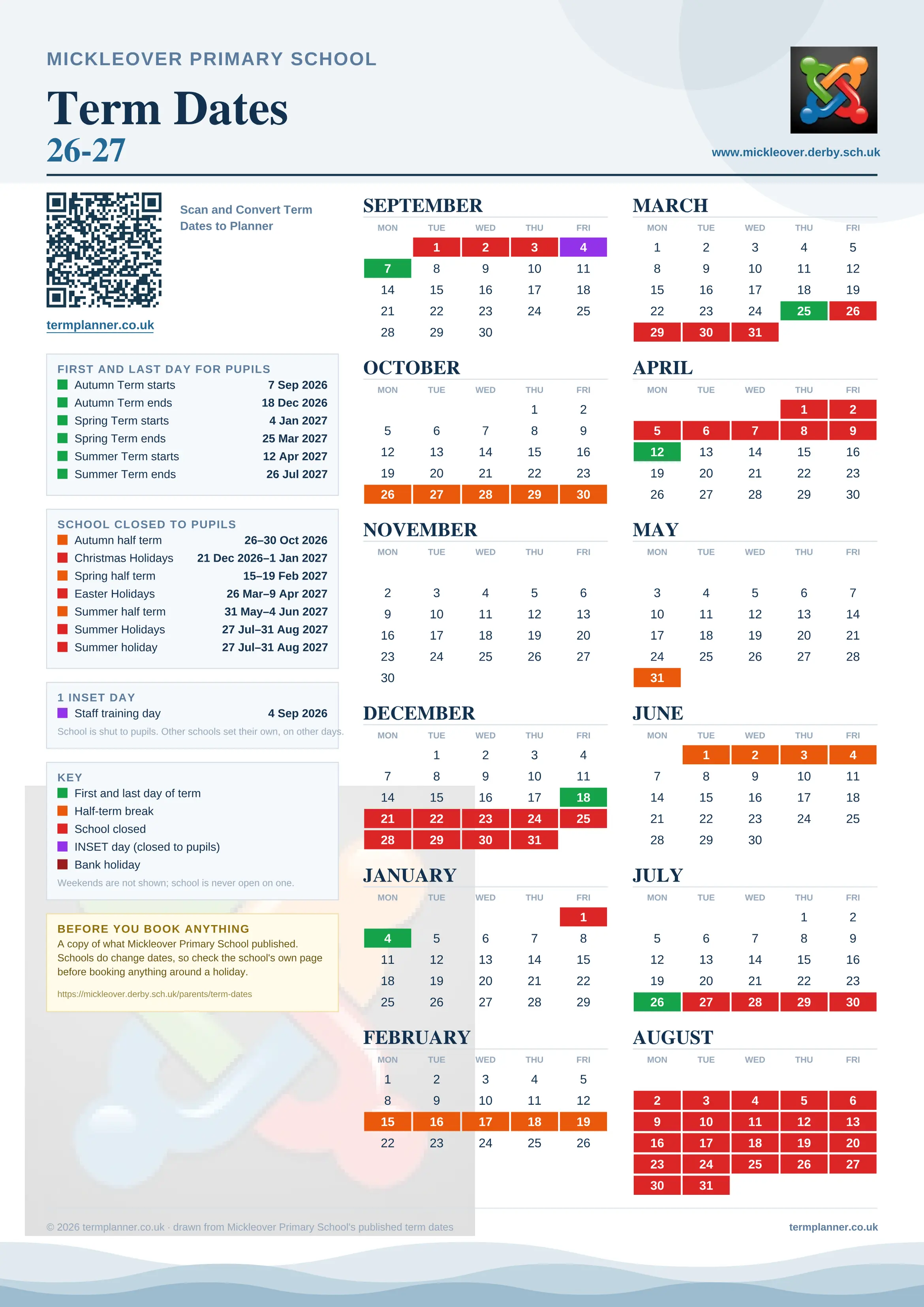 Mickleover Primary School’s 2026/27 school year drawn as one sheet: twelve month grids from September to August, Monday to Friday, with autumn term 7 September to 18 December 2026, spring term 4 January to 25 March 2027, summer term 12 April to 26 July 2027. Half terms, holidays and bank holidays are filled in colour, the first and last day of each term is marked, 1 INSET day is picked out, and every date is listed again in words down the left.