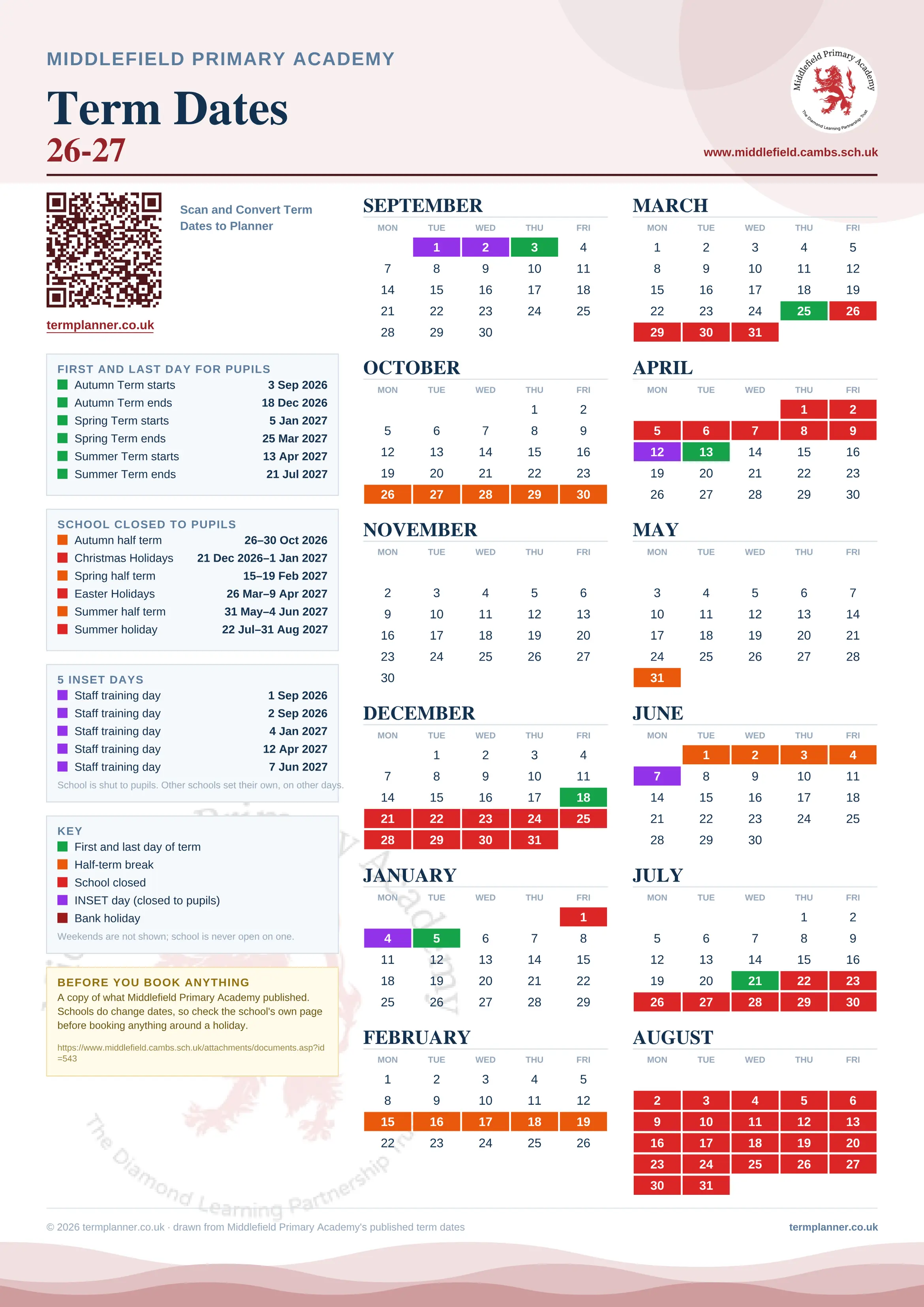 Middlefield Primary Academy’s 2026/27 school year drawn as one sheet: twelve month grids from September to August, Monday to Friday, with autumn term 3 September to 18 December 2026, spring term 5 January to 25 March 2027, summer term 13 April to 21 July 2027. Half terms, holidays and bank holidays are filled in colour, the first and last day of each term is marked, 5 INSET days are picked out, and every date is listed again in words down the left.