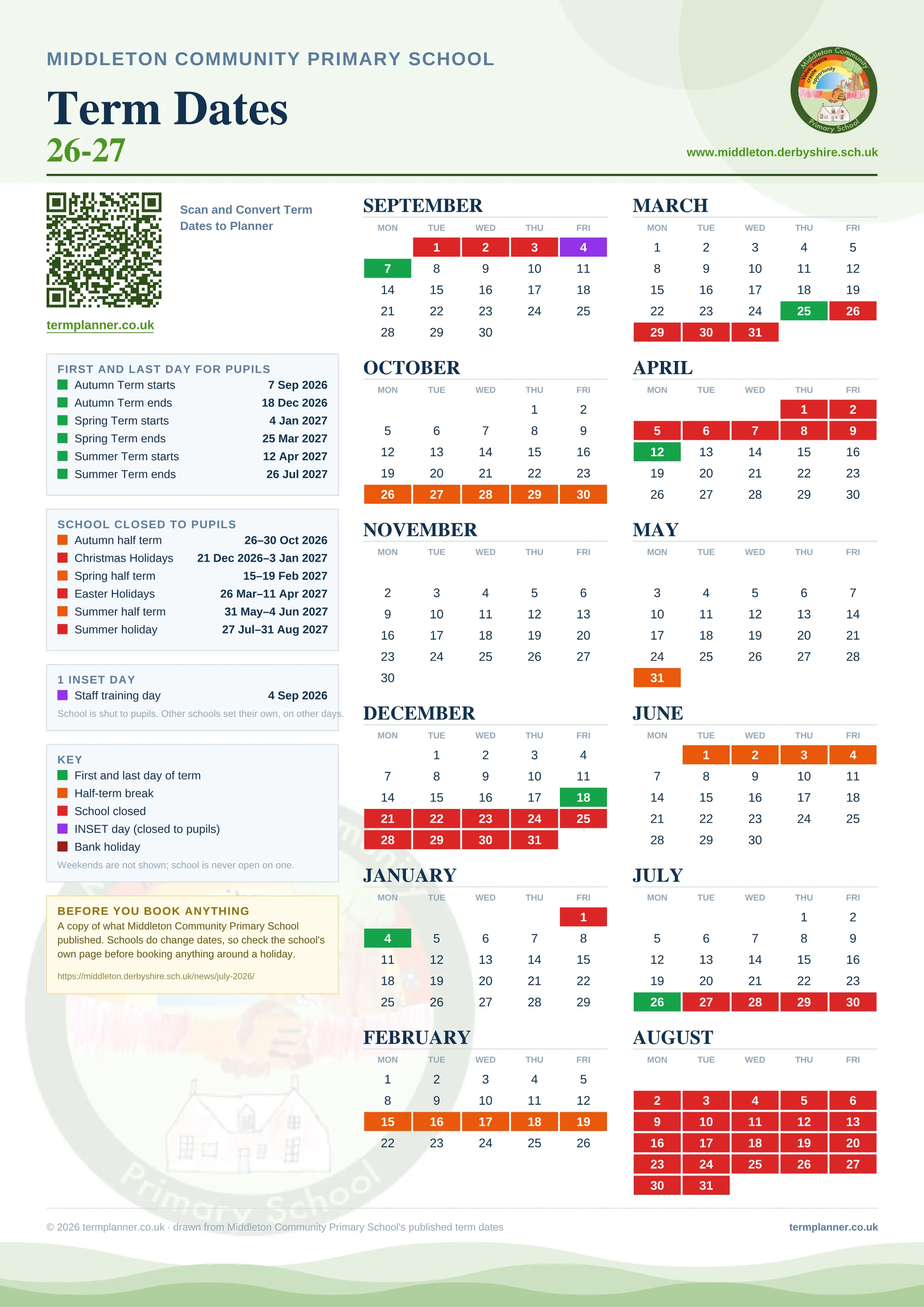 Middleton Community Primary School’s 2026/27 school year drawn as one sheet: twelve month grids from September to August, Monday to Friday, with autumn term 7 September to 18 December 2026, spring term 4 January to 25 March 2027, summer term 12 April to 26 July 2027. Half terms, holidays and bank holidays are filled in colour, the first and last day of each term is marked, 1 INSET day is picked out, and every date is listed again in words down the left.