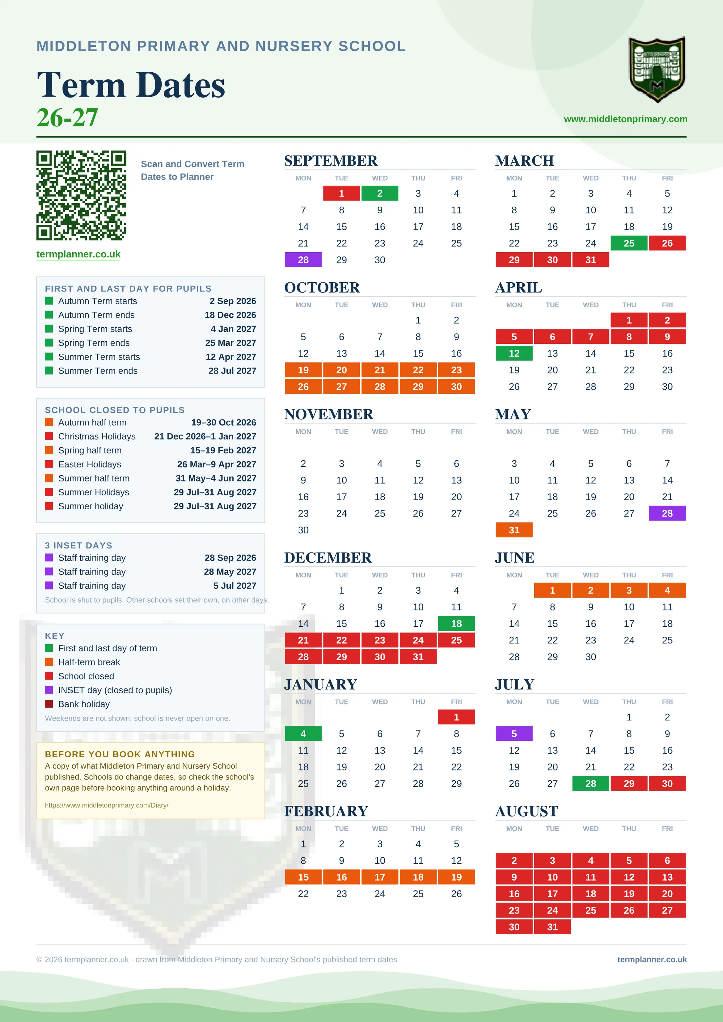 Middleton Primary and Nursery School’s 2026/27 school year drawn as one sheet: twelve month grids from September to August, Monday to Friday, with autumn term 2 September to 18 December 2026, spring term 4 January to 25 March 2027, summer term 12 April to 28 July 2027. Half terms, holidays and bank holidays are filled in colour, the first and last day of each term is marked, 3 INSET days are picked out, and every date is listed again in words down the left.
