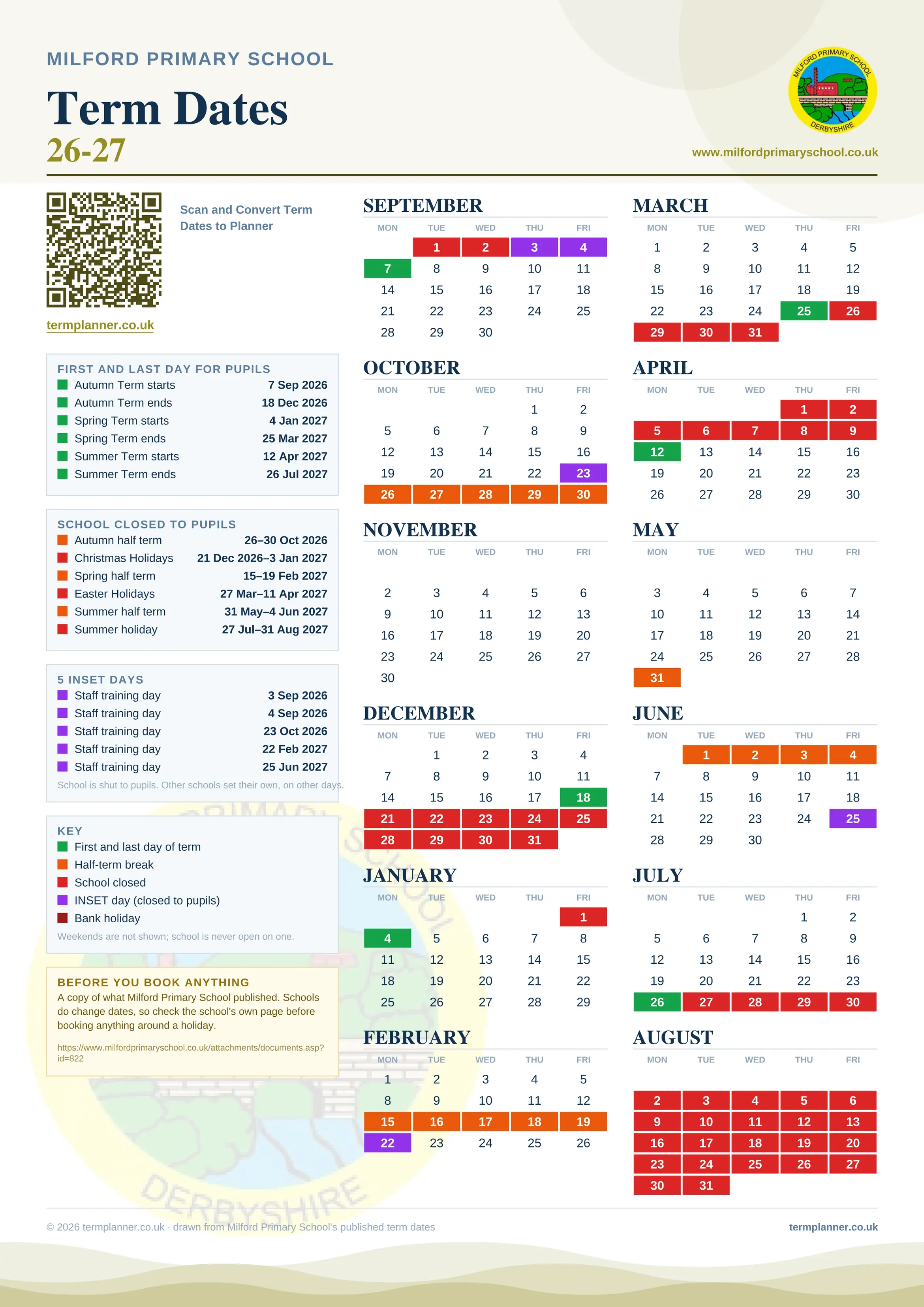 Milford Primary School’s 2026/27 school year drawn as one sheet: twelve month grids from September to August, Monday to Friday, with autumn term 7 September to 18 December 2026, spring term 4 January to 25 March 2027, summer term 12 April to 26 July 2027. Half terms, holidays and bank holidays are filled in colour, the first and last day of each term is marked, 5 INSET days are picked out, and every date is listed again in words down the left.