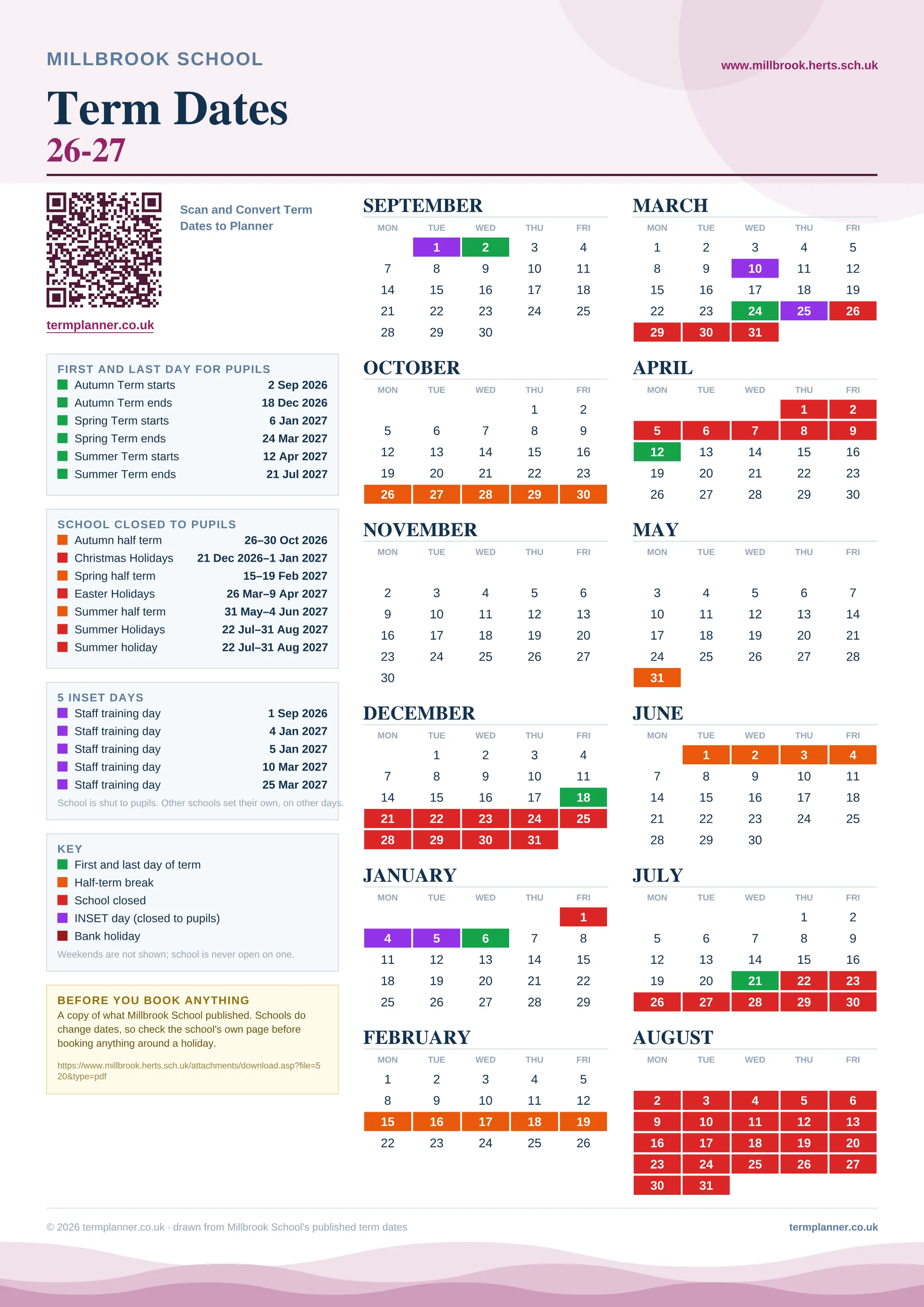 Millbrook School’s 2026/27 school year drawn as one sheet: twelve month grids from September to August, Monday to Friday, with autumn term 2 September to 18 December 2026, spring term 6 January to 24 March 2027, summer term 12 April to 21 July 2027. Half terms, holidays and bank holidays are filled in colour, the first and last day of each term is marked, 5 INSET days are picked out, and every date is listed again in words down the left.