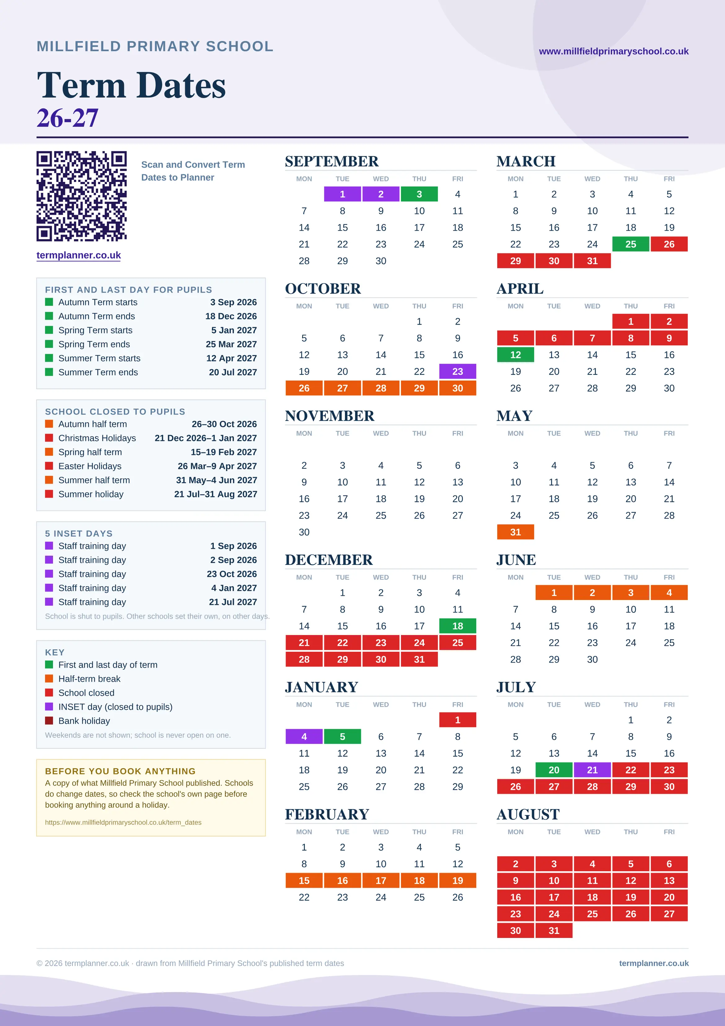 Millfield Primary School’s 2026/27 school year drawn as one sheet: twelve month grids from September to August, Monday to Friday, with autumn term 3 September to 18 December 2026, spring term 5 January to 25 March 2027, summer term 12 April to 20 July 2027. Half terms, holidays and bank holidays are filled in colour, the first and last day of each term is marked, 5 INSET days are picked out, and every date is listed again in words down the left.