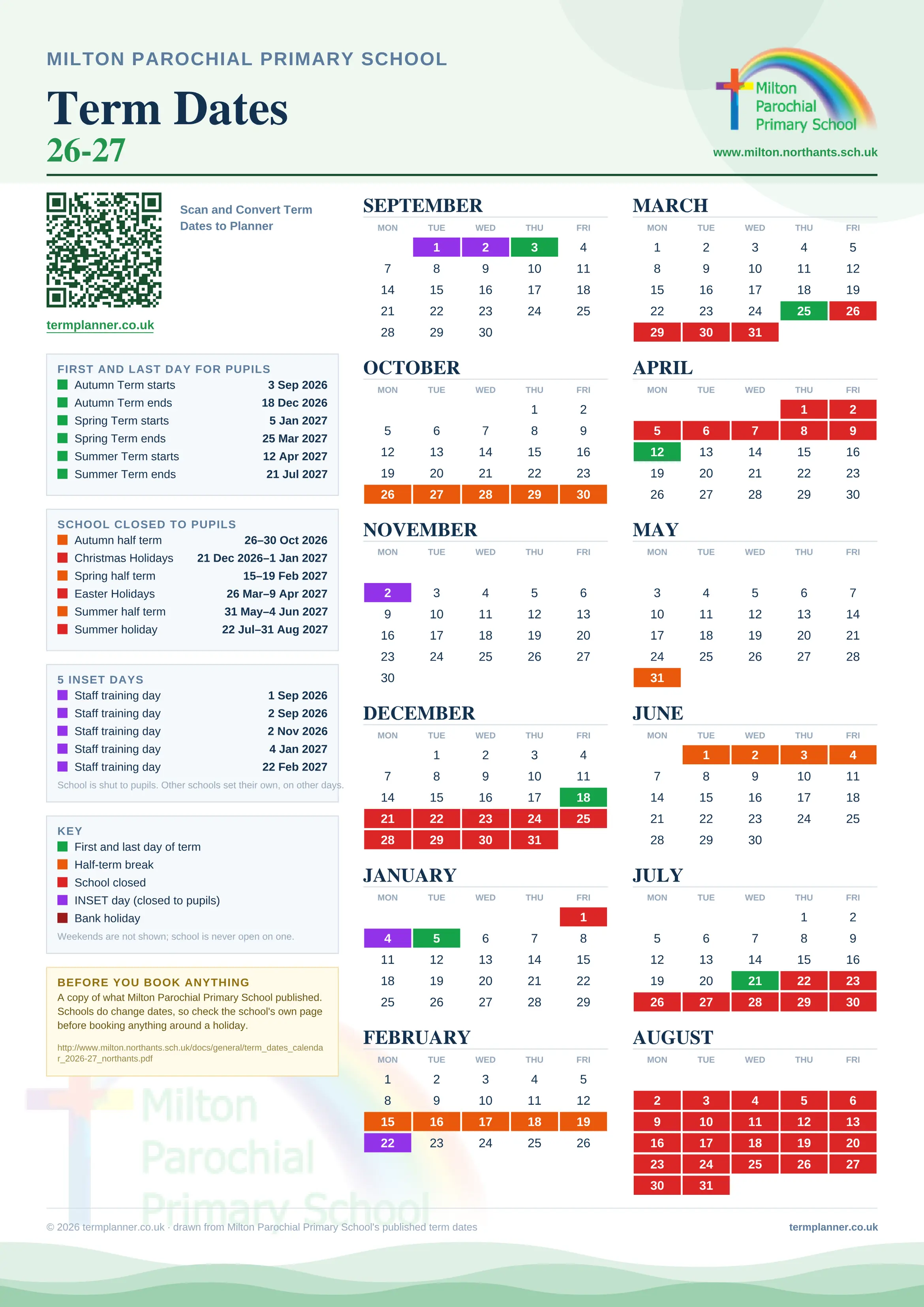 Milton Parochial Primary School’s 2026/27 school year drawn as one sheet: twelve month grids from September to August, Monday to Friday, with autumn term 3 September to 18 December 2026, spring term 5 January to 25 March 2027, summer term 12 April to 21 July 2027. Half terms, holidays and bank holidays are filled in colour, the first and last day of each term is marked, 5 INSET days are picked out, and every date is listed again in words down the left.