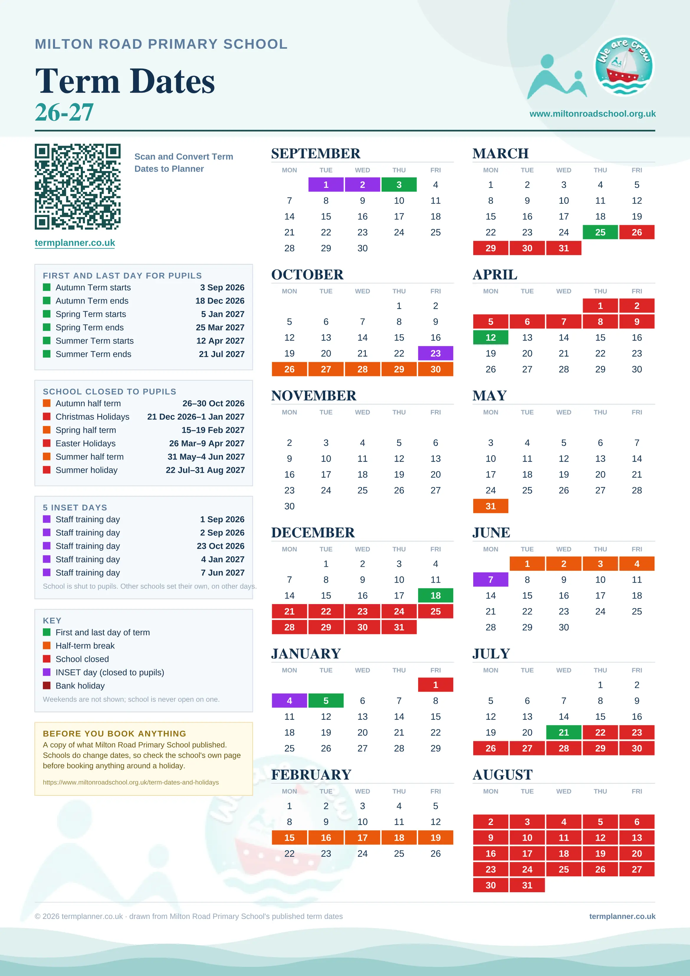 Milton Road Primary School’s 2026/27 school year drawn as one sheet: twelve month grids from September to August, Monday to Friday, with autumn term 3 September to 18 December 2026, spring term 5 January to 25 March 2027, summer term 12 April to 21 July 2027. Half terms, holidays and bank holidays are filled in colour, the first and last day of each term is marked, 5 INSET days are picked out, and every date is listed again in words down the left.