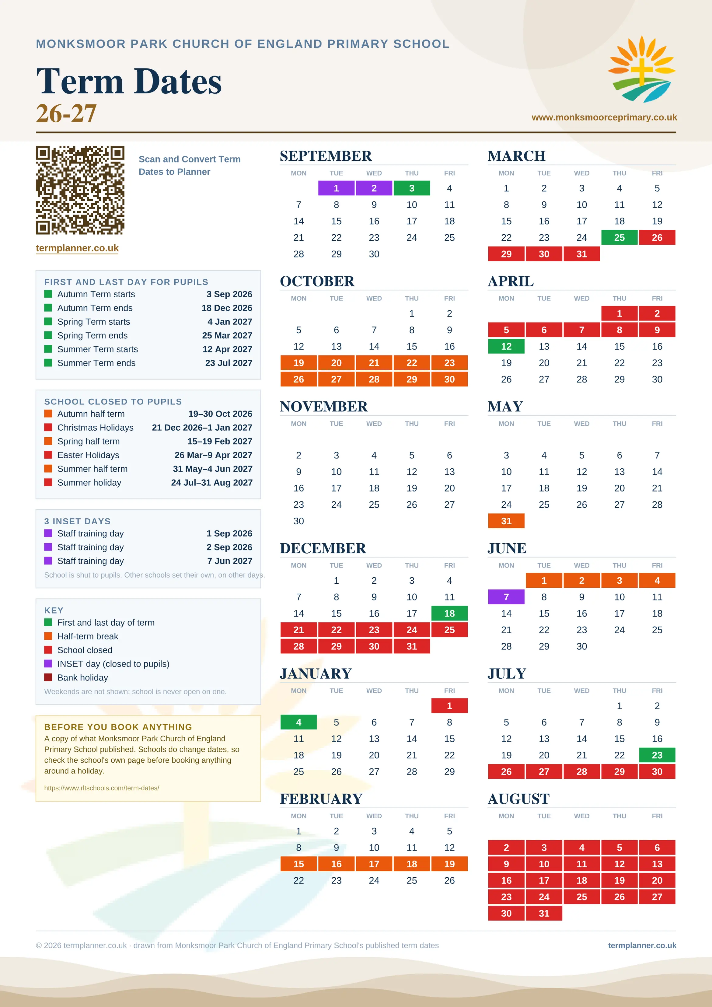 Monksmoor Park Church of England Primary School’s 2026/27 school year drawn as one sheet: twelve month grids from September to August, Monday to Friday, with autumn term 3 September to 18 December 2026, spring term 4 January to 25 March 2027, summer term 12 April to 23 July 2027. Half terms, holidays and bank holidays are filled in colour, the first and last day of each term is marked, 3 INSET days are picked out, and every date is listed again in words down the left.