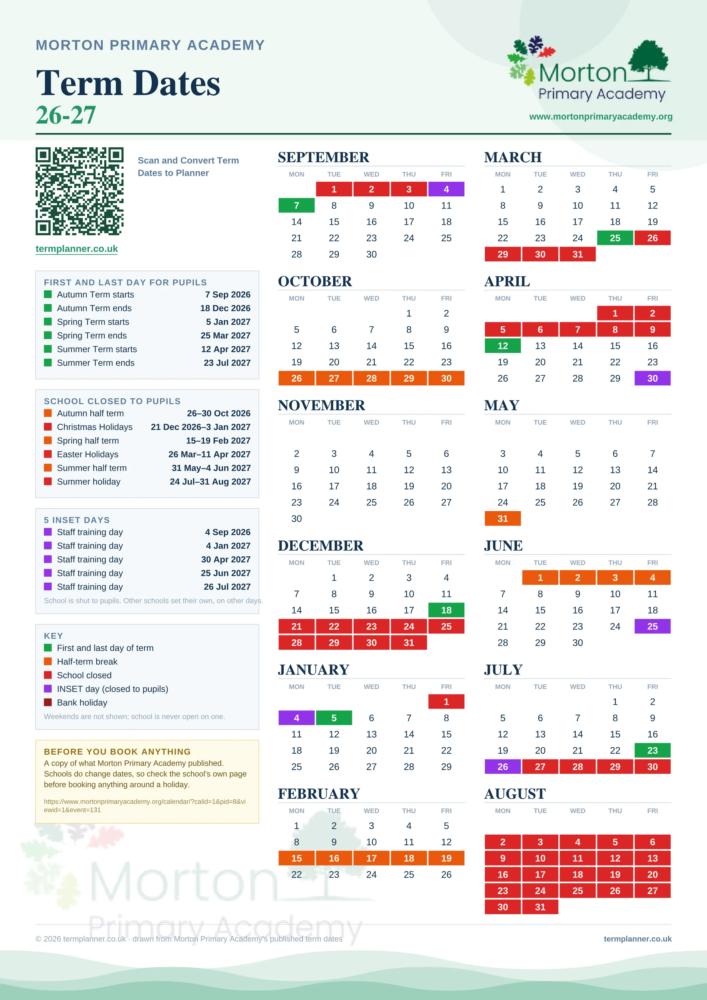 Morton Primary Academy’s 2026/27 school year drawn as one sheet: twelve month grids from September to August, Monday to Friday, with autumn term 7 September to 18 December 2026, spring term 5 January to 25 March 2027, summer term 12 April to 23 July 2027. Half terms, holidays and bank holidays are filled in colour, the first and last day of each term is marked, 5 INSET days are picked out, and every date is listed again in words down the left.