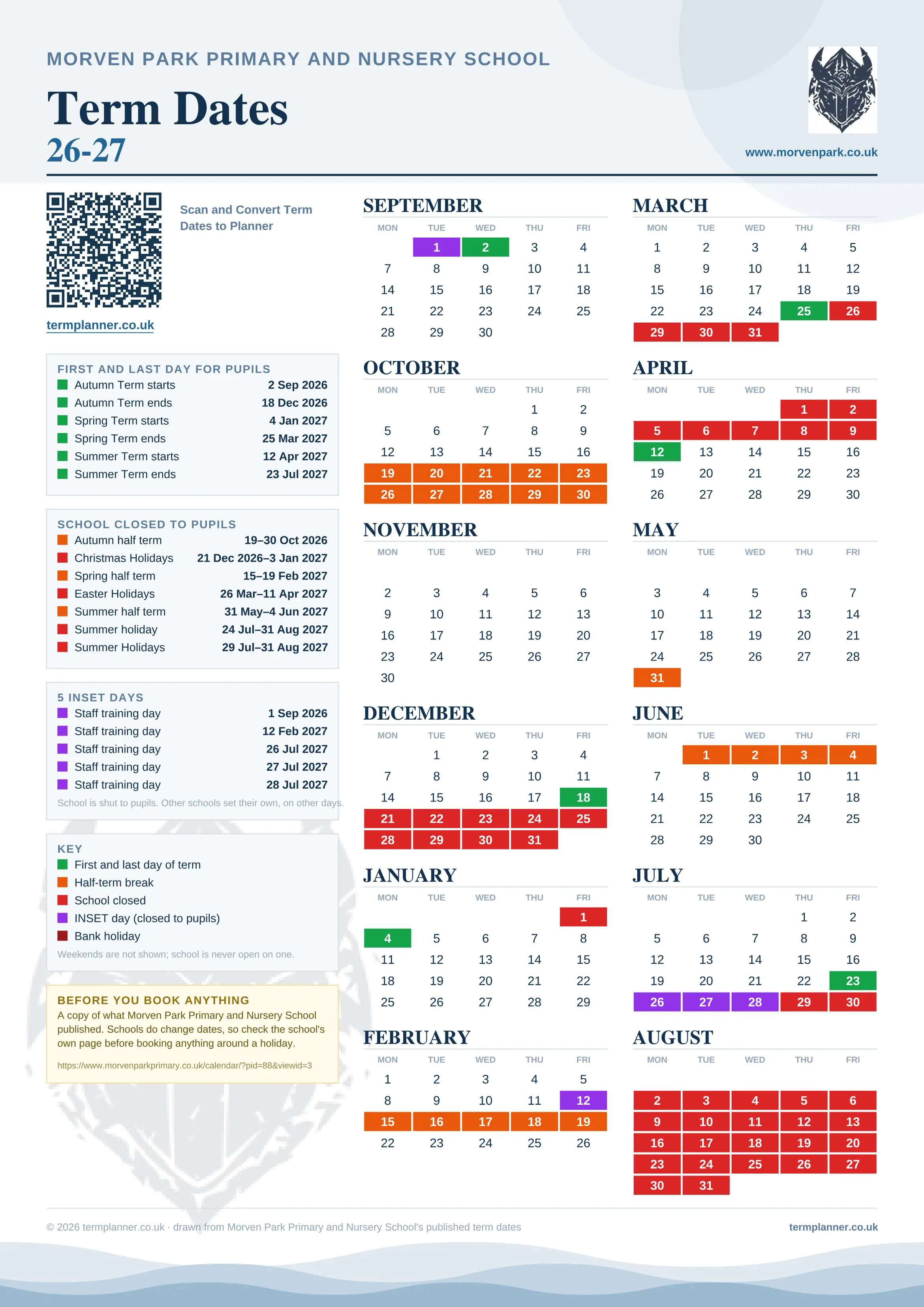 Morven Park Primary and Nursery School’s 2026/27 school year drawn as one sheet: twelve month grids from September to August, Monday to Friday, with autumn term 2 September to 18 December 2026, spring term 4 January to 25 March 2027, summer term 12 April to 23 July 2027. Half terms, holidays and bank holidays are filled in colour, the first and last day of each term is marked, 5 INSET days are picked out, and every date is listed again in words down the left.