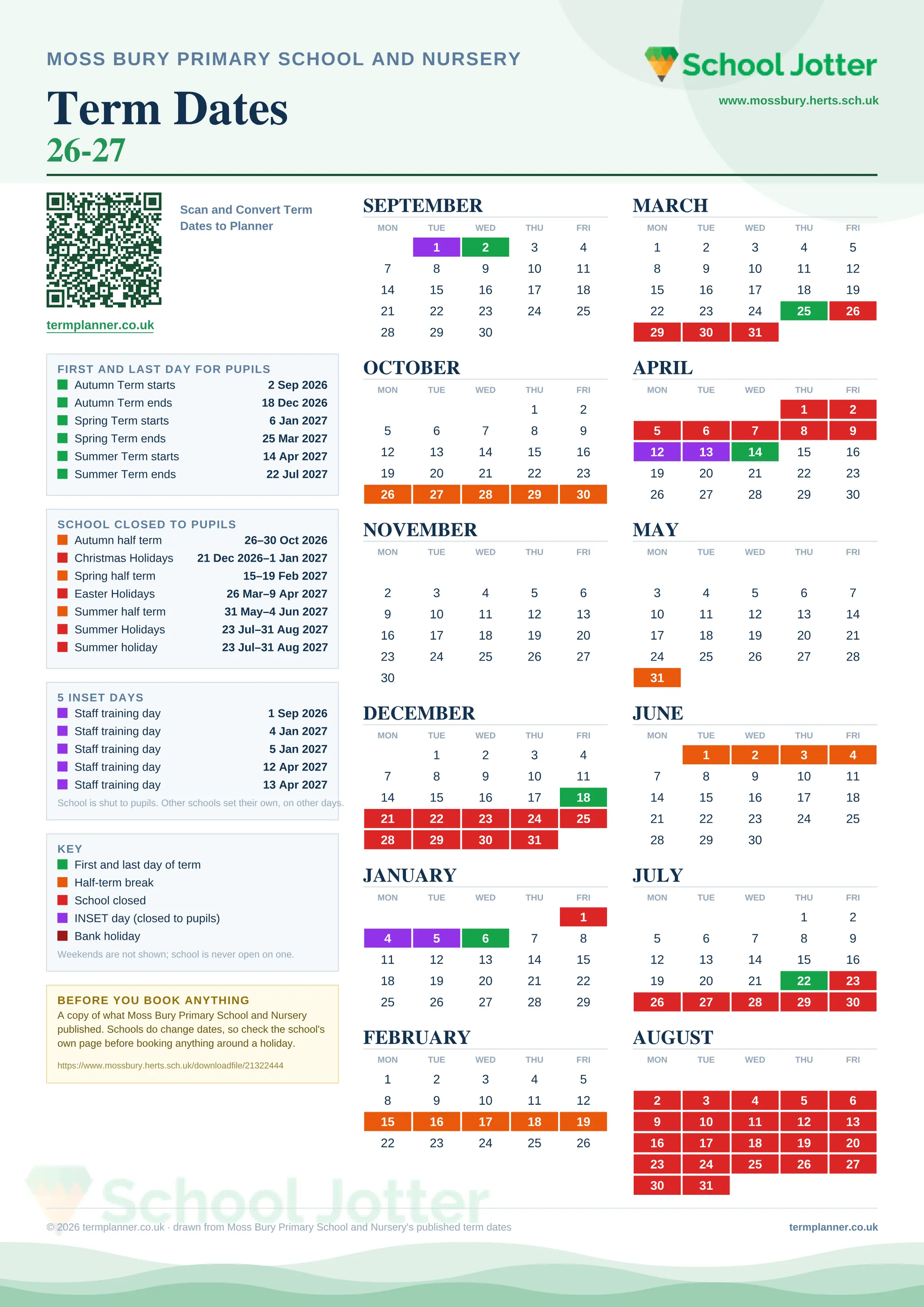 Moss Bury Primary School and Nursery’s 2026/27 school year drawn as one sheet: twelve month grids from September to August, Monday to Friday, with autumn term 2 September to 18 December 2026, spring term 6 January to 25 March 2027, summer term 14 April to 22 July 2027. Half terms, holidays and bank holidays are filled in colour, the first and last day of each term is marked, 5 INSET days are picked out, and every date is listed again in words down the left.