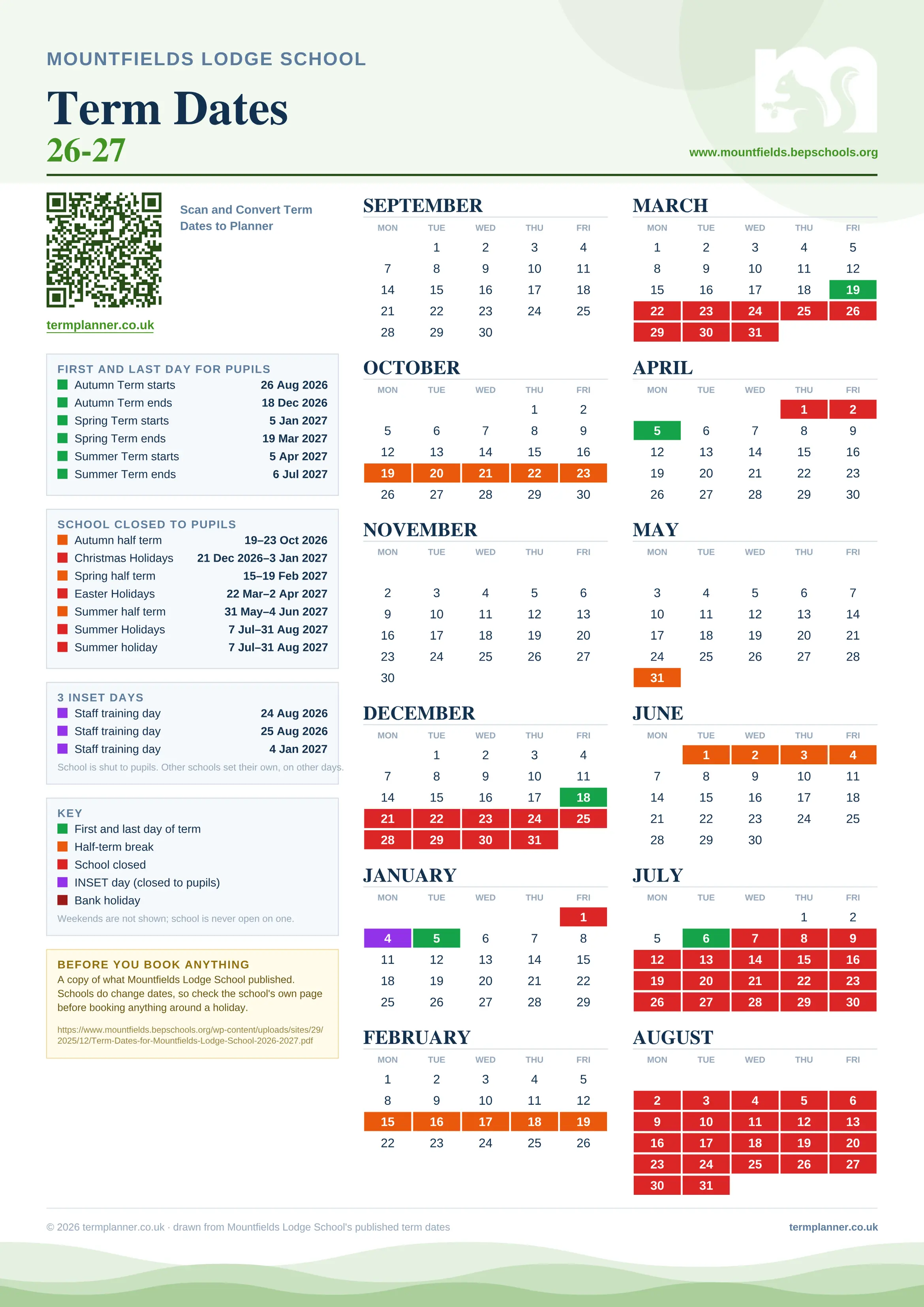 Mountfields Lodge School’s 2026/27 school year drawn as one sheet: twelve month grids from September to August, Monday to Friday, with autumn term 26 August to 18 December 2026, spring term 5 January to 19 March 2027, summer term 5 April to 6 July 2027. Half terms, holidays and bank holidays are filled in colour, the first and last day of each term is marked, 3 INSET days are picked out, and every date is listed again in words down the left.