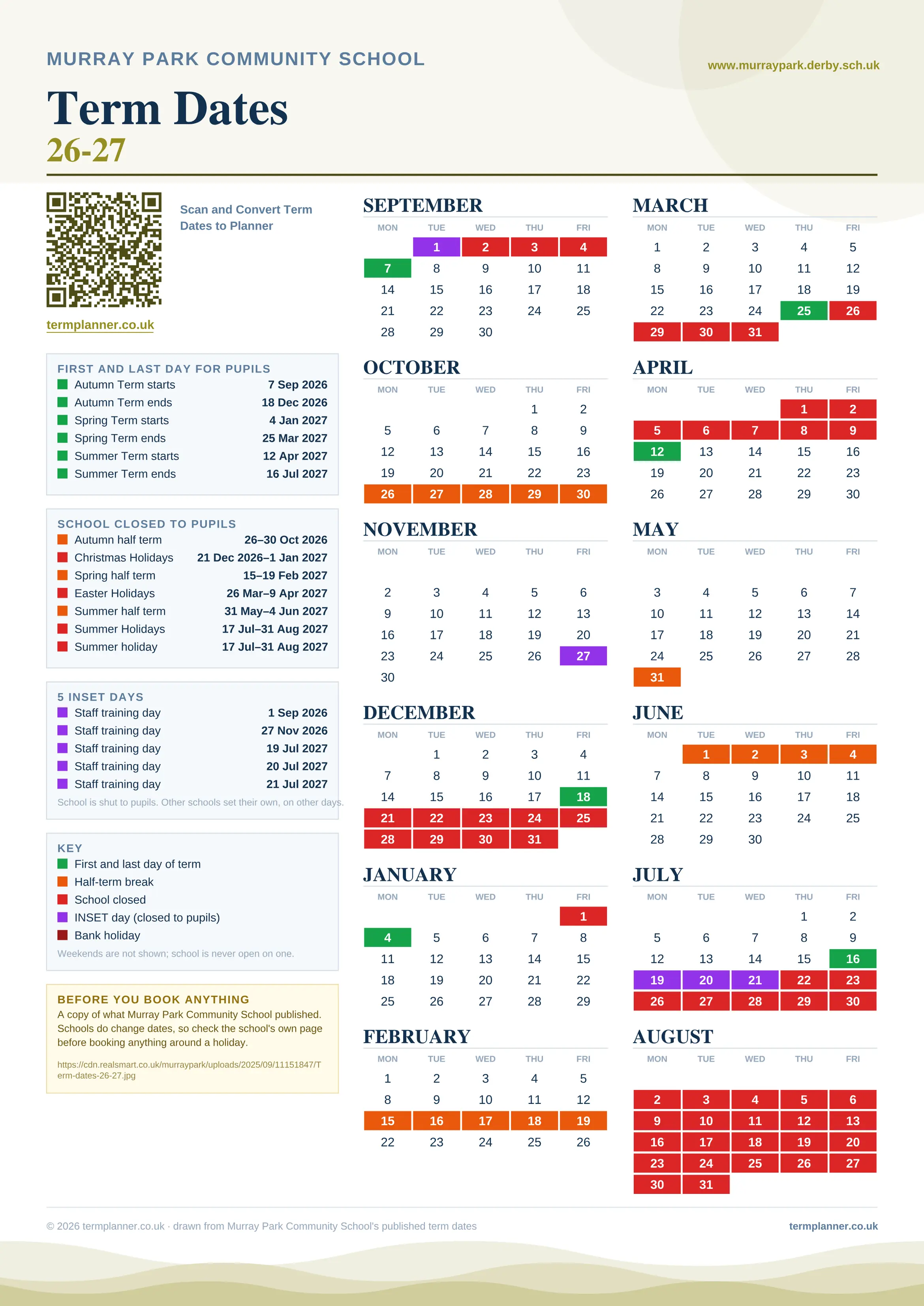 Murray Park Community School’s 2026/27 school year drawn as one sheet: twelve month grids from September to August, Monday to Friday, with autumn term 7 September to 18 December 2026, spring term 4 January to 25 March 2027, summer term 12 April to 16 July 2027. Half terms, holidays and bank holidays are filled in colour, the first and last day of each term is marked, 5 INSET days are picked out, and every date is listed again in words down the left.