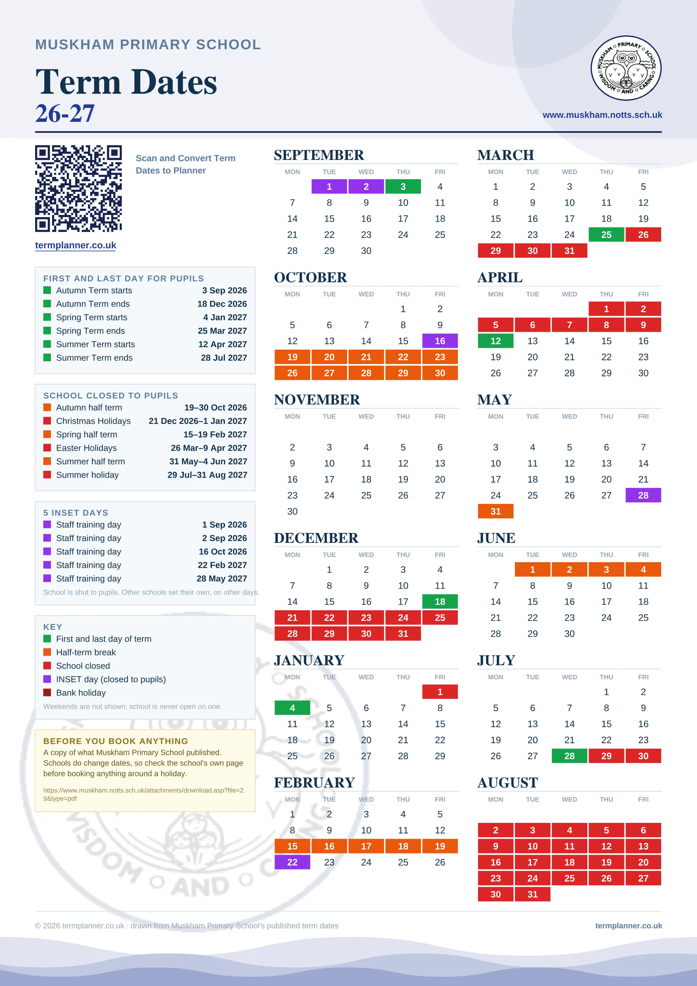 Muskham Primary School’s 2026/27 school year drawn as one sheet: twelve month grids from September to August, Monday to Friday, with autumn term 3 September to 18 December 2026, spring term 4 January to 25 March 2027, summer term 12 April to 28 July 2027. Half terms, holidays and bank holidays are filled in colour, the first and last day of each term is marked, 5 INSET days are picked out, and every date is listed again in words down the left.
