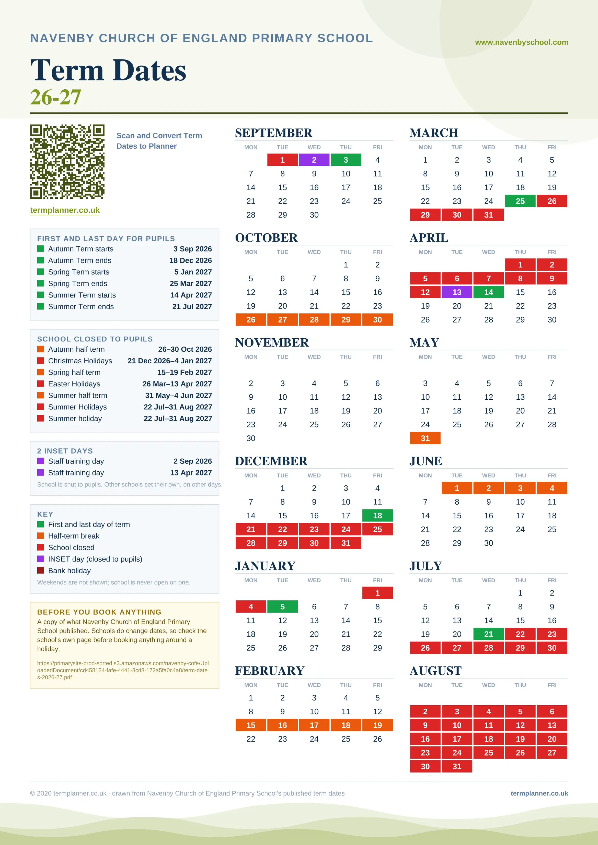 Navenby Church of England Primary School’s 2026/27 school year drawn as one sheet: twelve month grids from September to August, Monday to Friday, with autumn term 3 September to 18 December 2026, spring term 5 January to 25 March 2027, summer term 14 April to 21 July 2027. Half terms, holidays and bank holidays are filled in colour, the first and last day of each term is marked, 2 INSET days are picked out, and every date is listed again in words down the left.