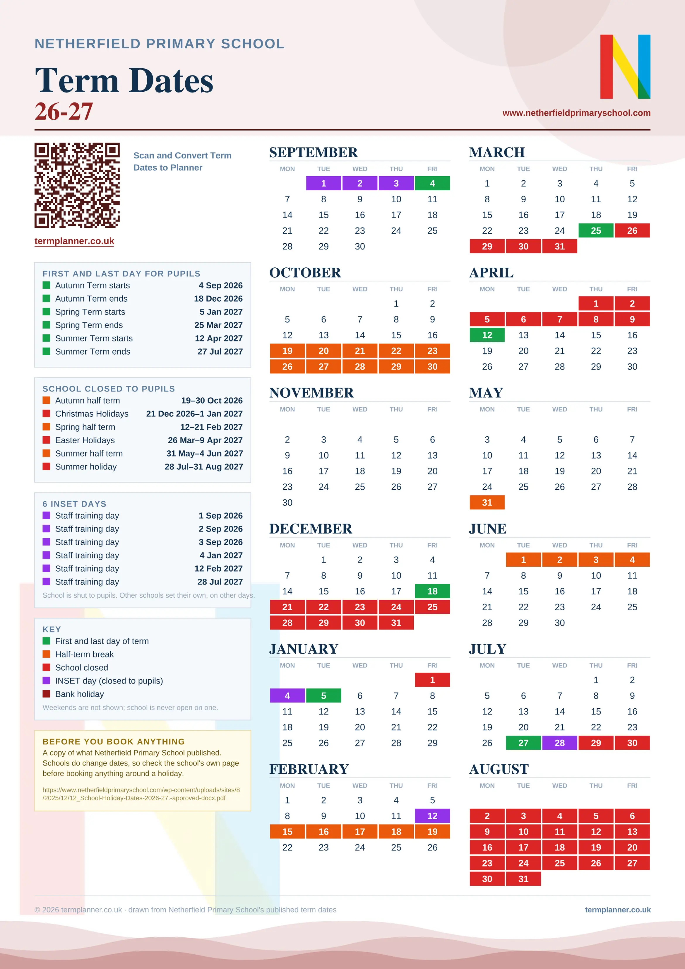 Netherfield Primary School’s 2026/27 school year drawn as one sheet: twelve month grids from September to August, Monday to Friday, with autumn term 4 September to 18 December 2026, spring term 5 January to 25 March 2027, summer term 12 April to 27 July 2027. Half terms, holidays and bank holidays are filled in colour, the first and last day of each term is marked, 6 INSET days are picked out, and every date is listed again in words down the left.