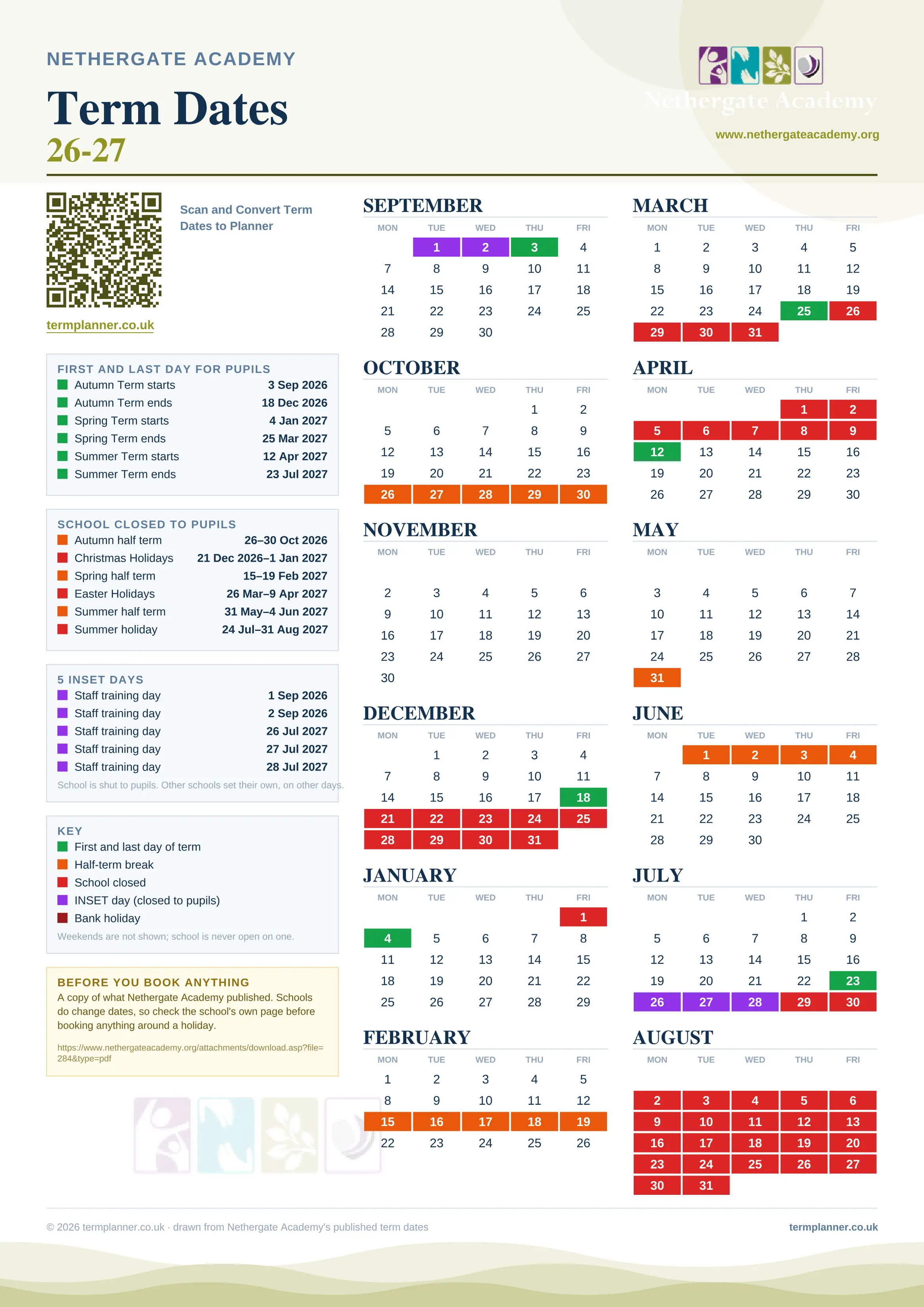 Nethergate Academy’s 2026/27 school year drawn as one sheet: twelve month grids from September to August, Monday to Friday, with autumn term 3 September to 18 December 2026, spring term 4 January to 25 March 2027, summer term 12 April to 23 July 2027. Half terms, holidays and bank holidays are filled in colour, the first and last day of each term is marked, 5 INSET days are picked out, and every date is listed again in words down the left.