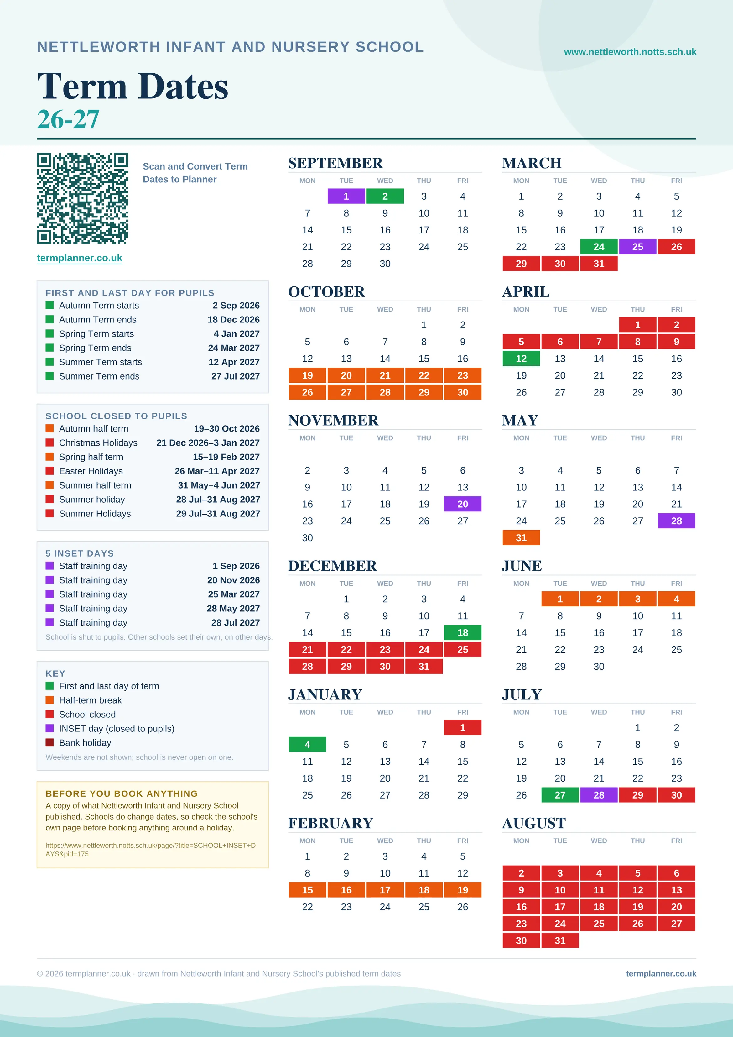 Nettleworth Infant and Nursery School’s 2026/27 school year drawn as one sheet: twelve month grids from September to August, Monday to Friday, with autumn term 2 September to 18 December 2026, spring term 4 January to 24 March 2027, summer term 12 April to 27 July 2027. Half terms, holidays and bank holidays are filled in colour, the first and last day of each term is marked, 5 INSET days are picked out, and every date is listed again in words down the left.