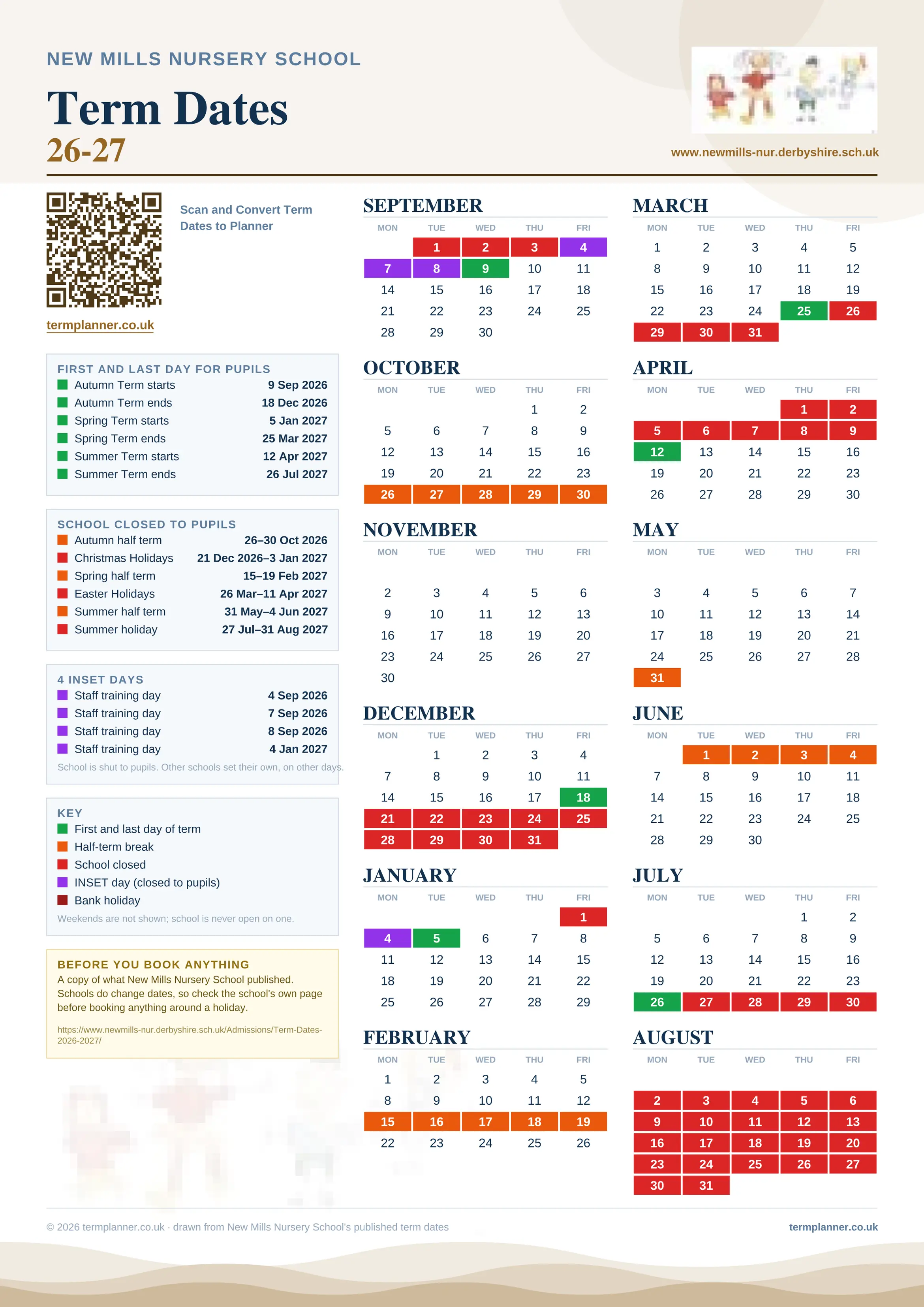 New Mills Nursery School’s 2026/27 school year drawn as one sheet: twelve month grids from September to August, Monday to Friday, with autumn term 9 September to 18 December 2026, spring term 5 January to 25 March 2027, summer term 12 April to 26 July 2027. Half terms, holidays and bank holidays are filled in colour, the first and last day of each term is marked, 4 INSET days are picked out, and every date is listed again in words down the left.