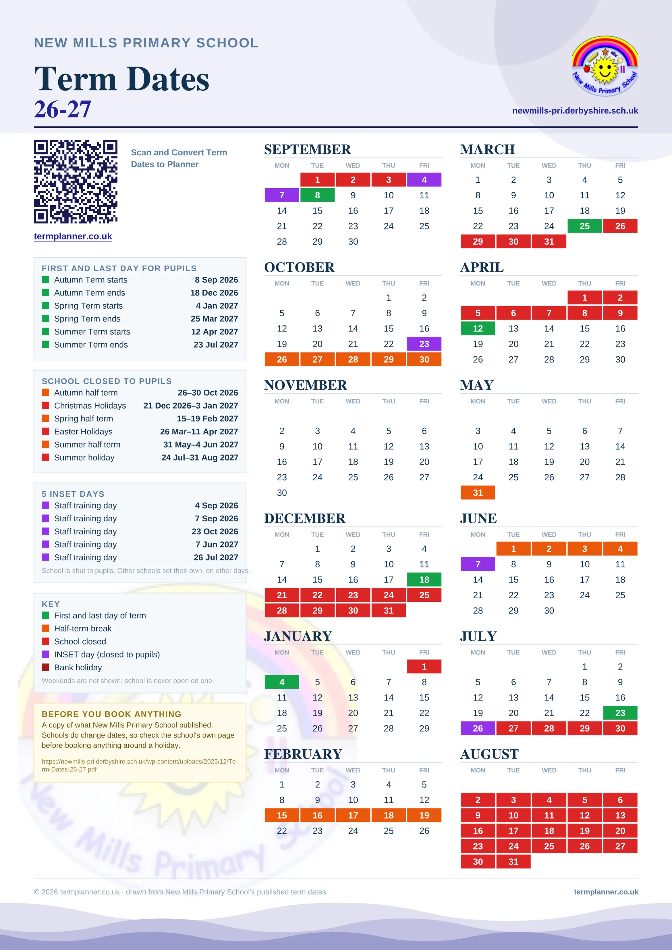 New Mills Primary School’s 2026/27 school year drawn as one sheet: twelve month grids from September to August, Monday to Friday, with autumn term 8 September to 18 December 2026, spring term 4 January to 25 March 2027, summer term 12 April to 23 July 2027. Half terms, holidays and bank holidays are filled in colour, the first and last day of each term is marked, 5 INSET days are picked out, and every date is listed again in words down the left.