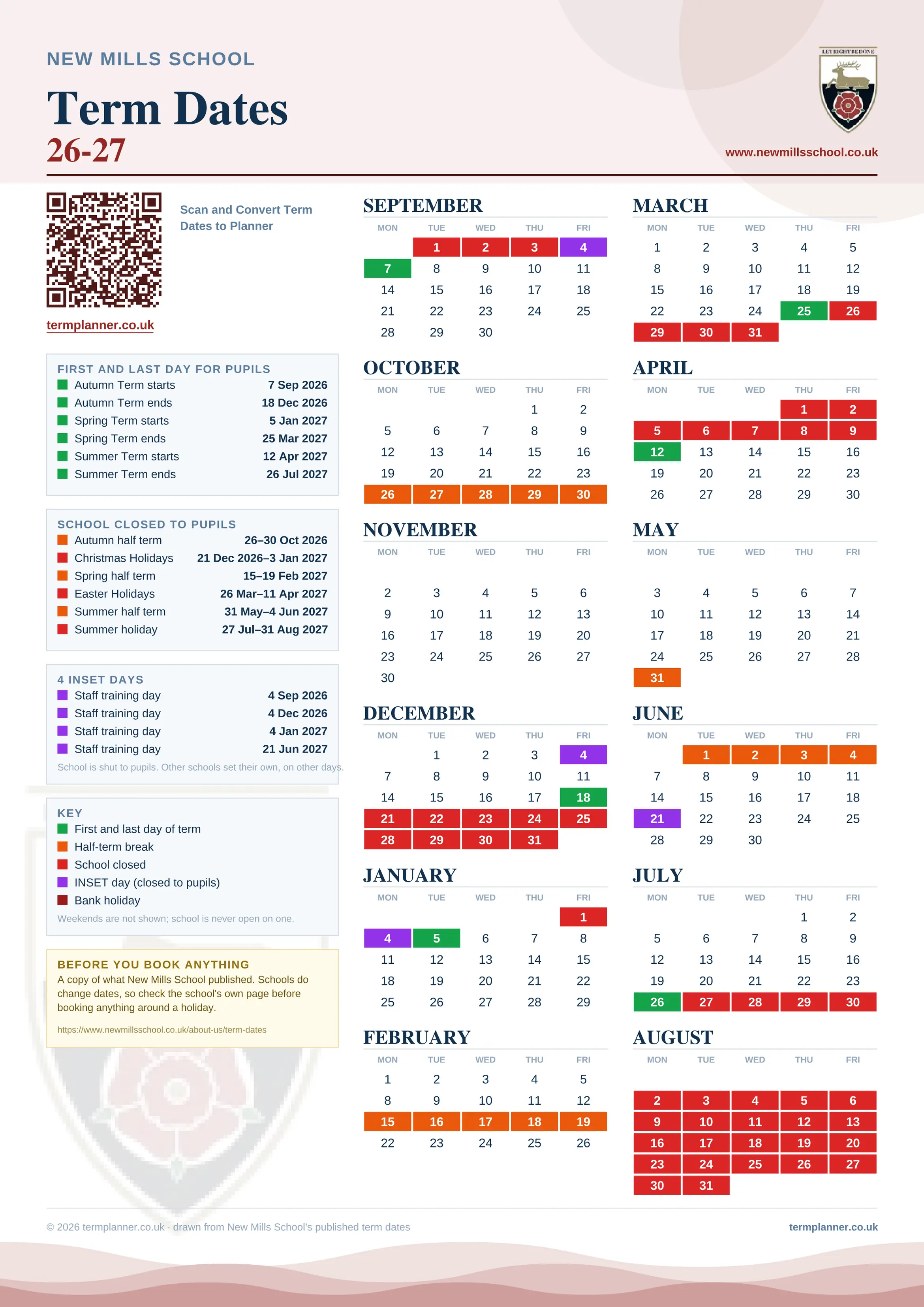 New Mills School’s 2026/27 school year drawn as one sheet: twelve month grids from September to August, Monday to Friday, with autumn term 7 September to 18 December 2026, spring term 5 January to 25 March 2027, summer term 12 April to 26 July 2027. Half terms, holidays and bank holidays are filled in colour, the first and last day of each term is marked, 4 INSET days are picked out, and every date is listed again in words down the left.