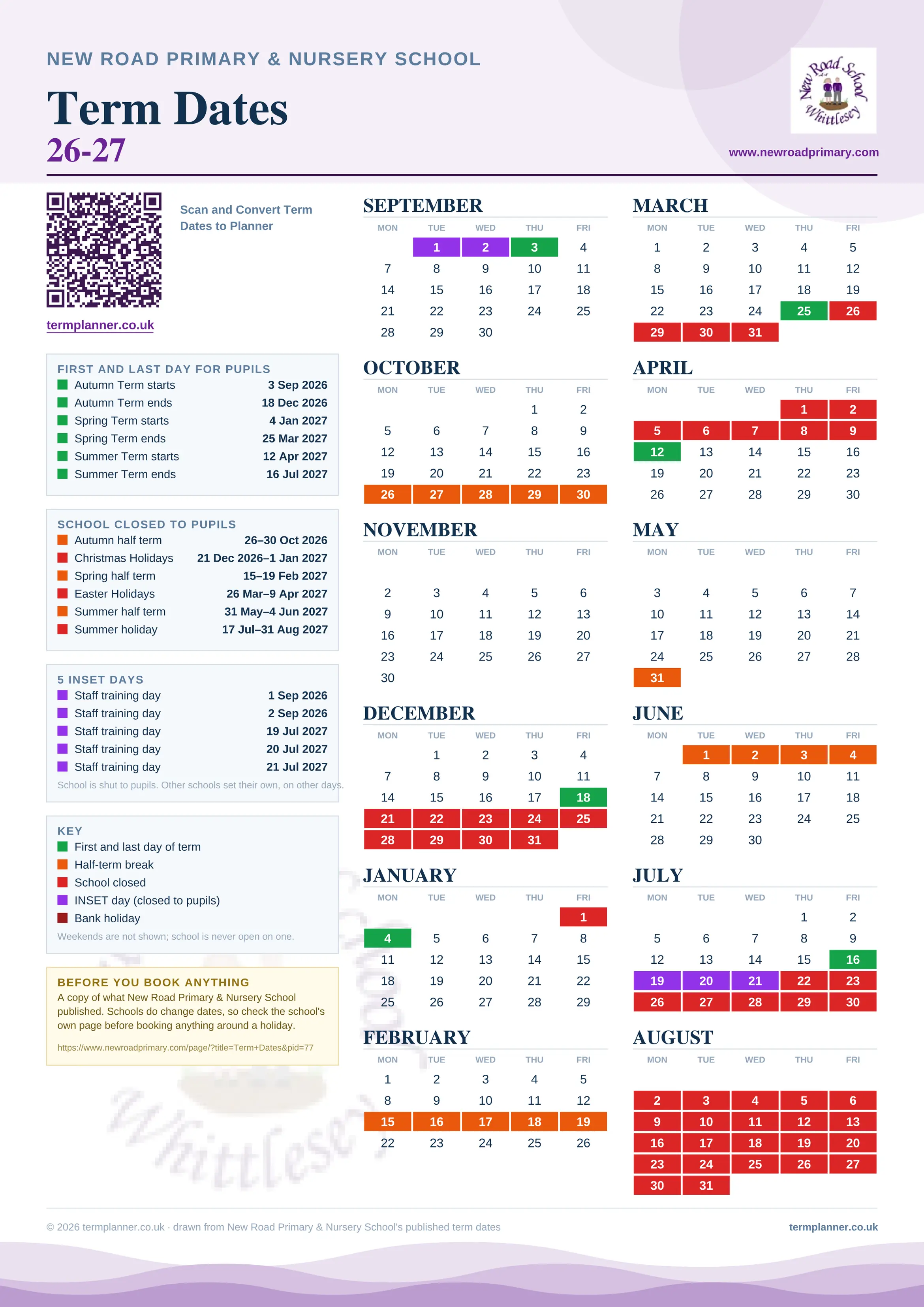 New Road Primary & Nursery School’s 2026/27 school year drawn as one sheet: twelve month grids from September to August, Monday to Friday, with autumn term 3 September to 18 December 2026, spring term 4 January to 25 March 2027, summer term 12 April to 16 July 2027. Half terms, holidays and bank holidays are filled in colour, the first and last day of each term is marked, 5 INSET days are picked out, and every date is listed again in words down the left.