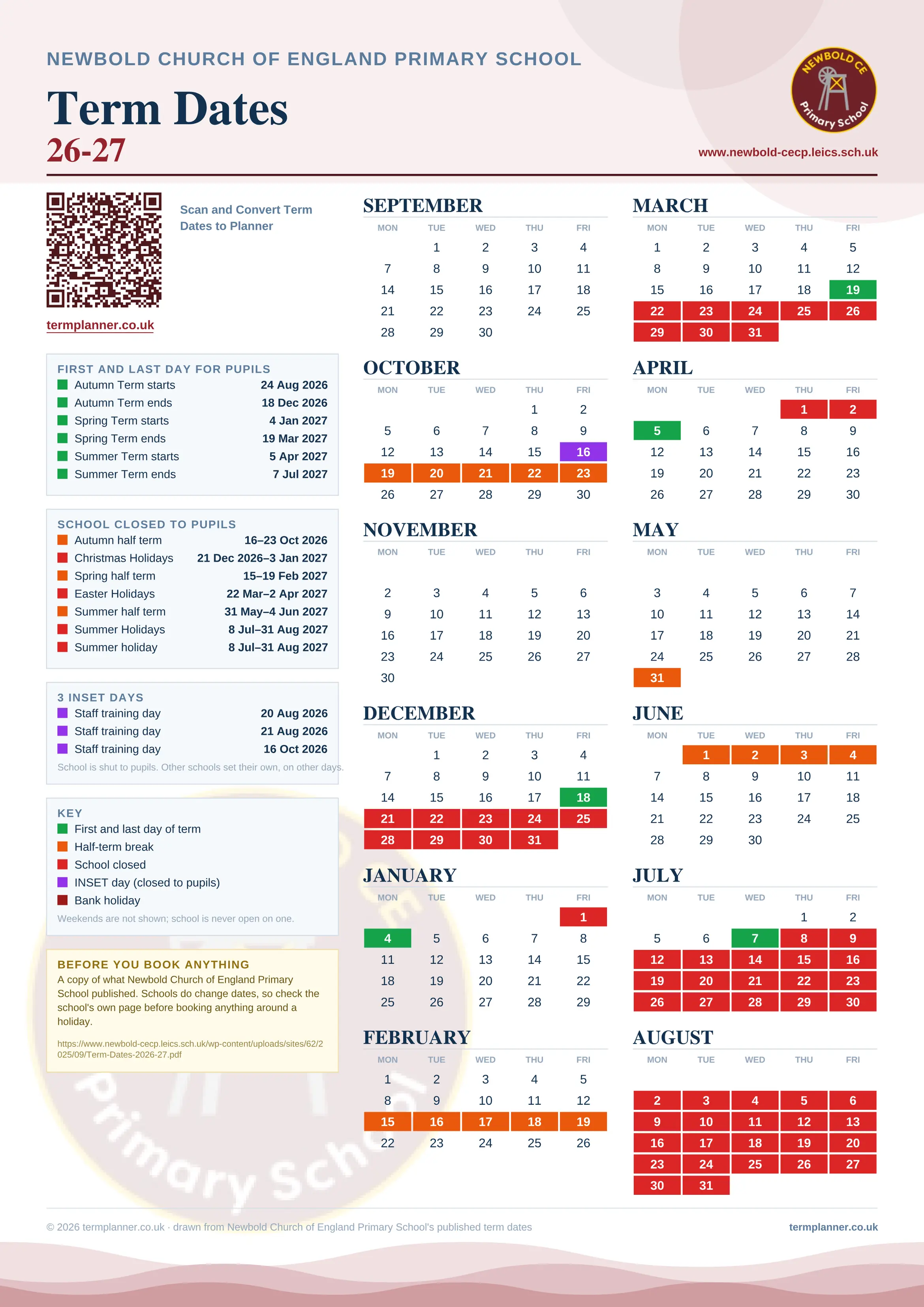 Newbold Church of England Primary School’s 2026/27 school year drawn as one sheet: twelve month grids from September to August, Monday to Friday, with autumn term 24 August to 18 December 2026, spring term 4 January to 19 March 2027, summer term 5 April to 7 July 2027. Half terms, holidays and bank holidays are filled in colour, the first and last day of each term is marked, 3 INSET days are picked out, and every date is listed again in words down the left.
