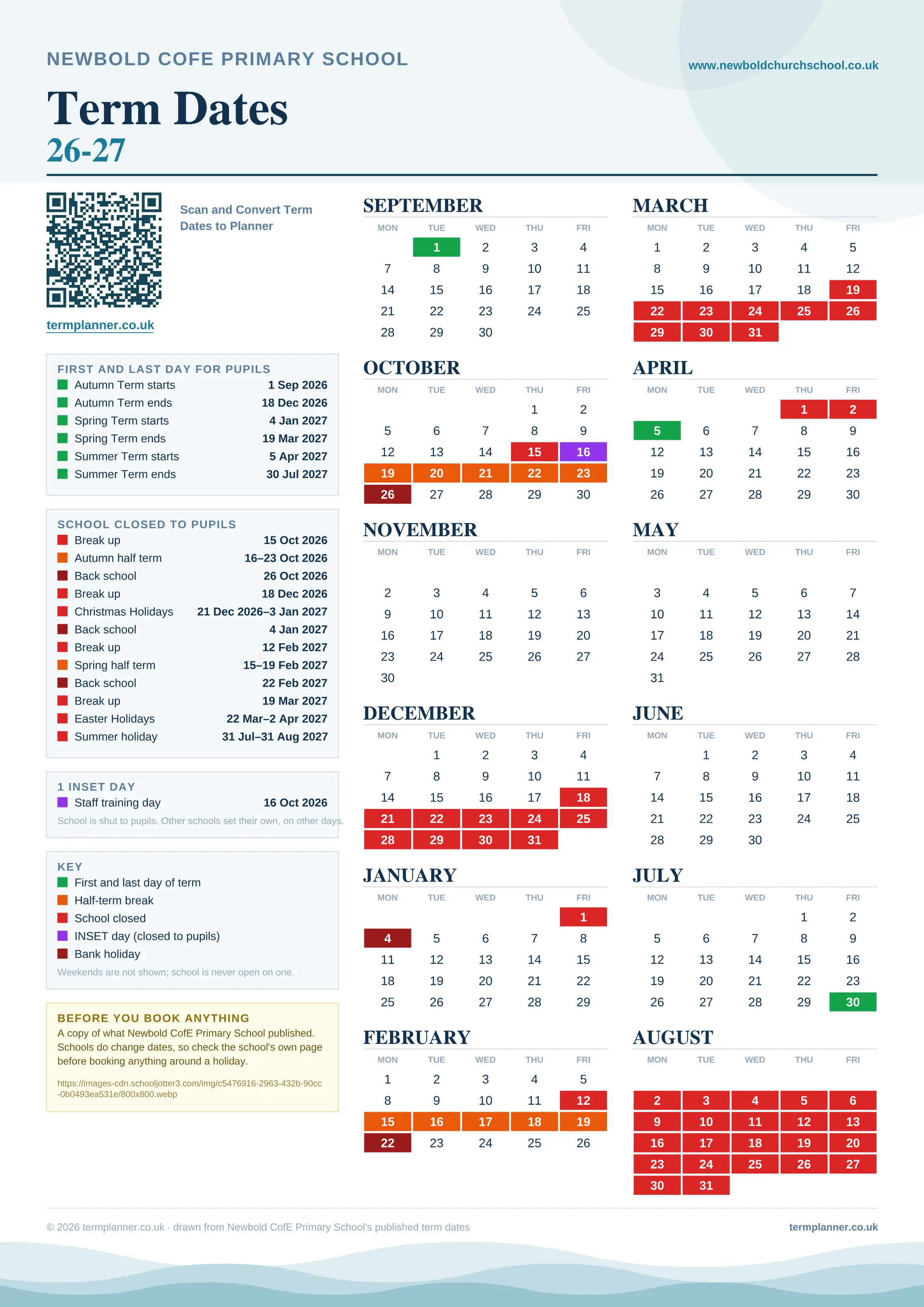 Newbold CofE Primary School’s 2026/27 school year drawn as one sheet: twelve month grids from September to August, Monday to Friday, with autumn term 1 September to 18 December 2026, spring term 4 January to 19 March 2027, summer term 5 April to 30 July 2027. Half terms, holidays and bank holidays are filled in colour, the first and last day of each term is marked, 1 INSET day is picked out, and every date is listed again in words down the left.