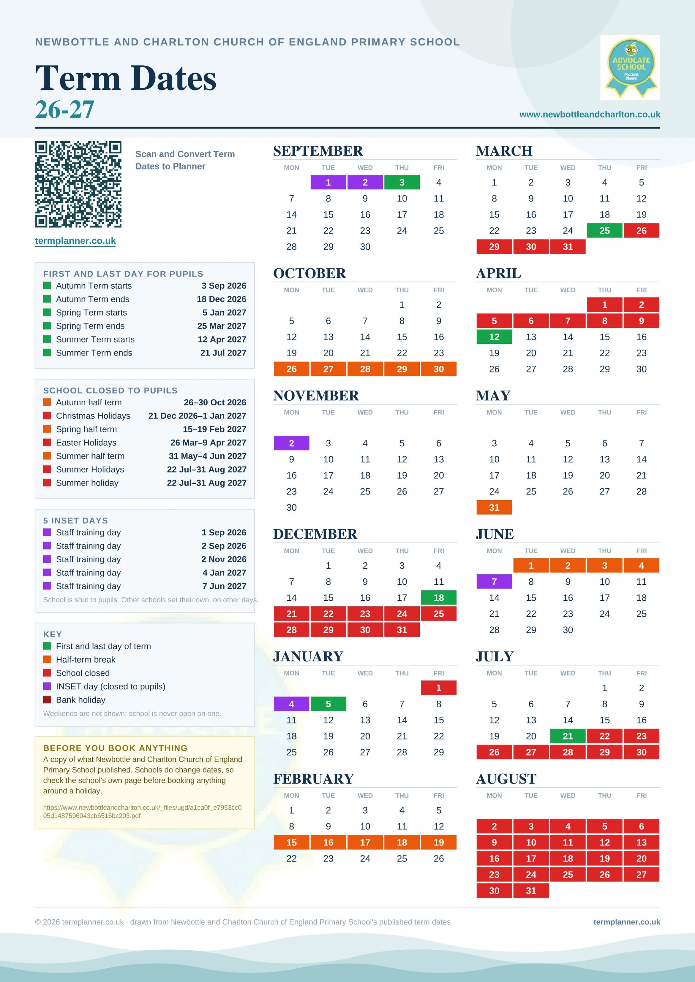 Newbottle and Charlton Church of England Primary School’s 2026/27 school year drawn as one sheet: twelve month grids from September to August, Monday to Friday, with autumn term 3 September to 18 December 2026, spring term 5 January to 25 March 2027, summer term 12 April to 21 July 2027. Half terms, holidays and bank holidays are filled in colour, the first and last day of each term is marked, 5 INSET days are picked out, and every date is listed again in words down the left.
