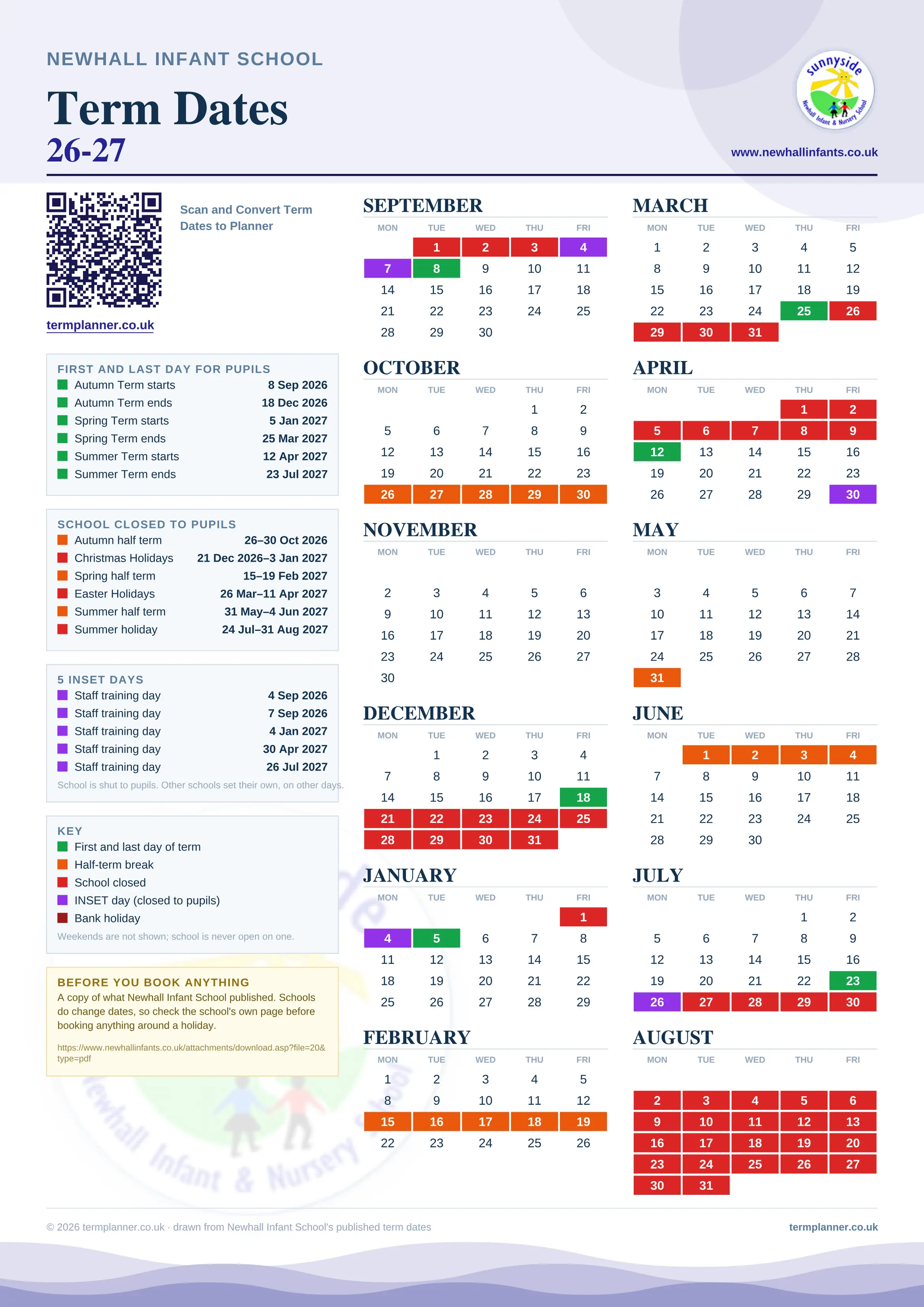 Newhall Infant School’s 2026/27 school year drawn as one sheet: twelve month grids from September to August, Monday to Friday, with autumn term 8 September to 18 December 2026, spring term 5 January to 25 March 2027, summer term 12 April to 23 July 2027. Half terms, holidays and bank holidays are filled in colour, the first and last day of each term is marked, 5 INSET days are picked out, and every date is listed again in words down the left.