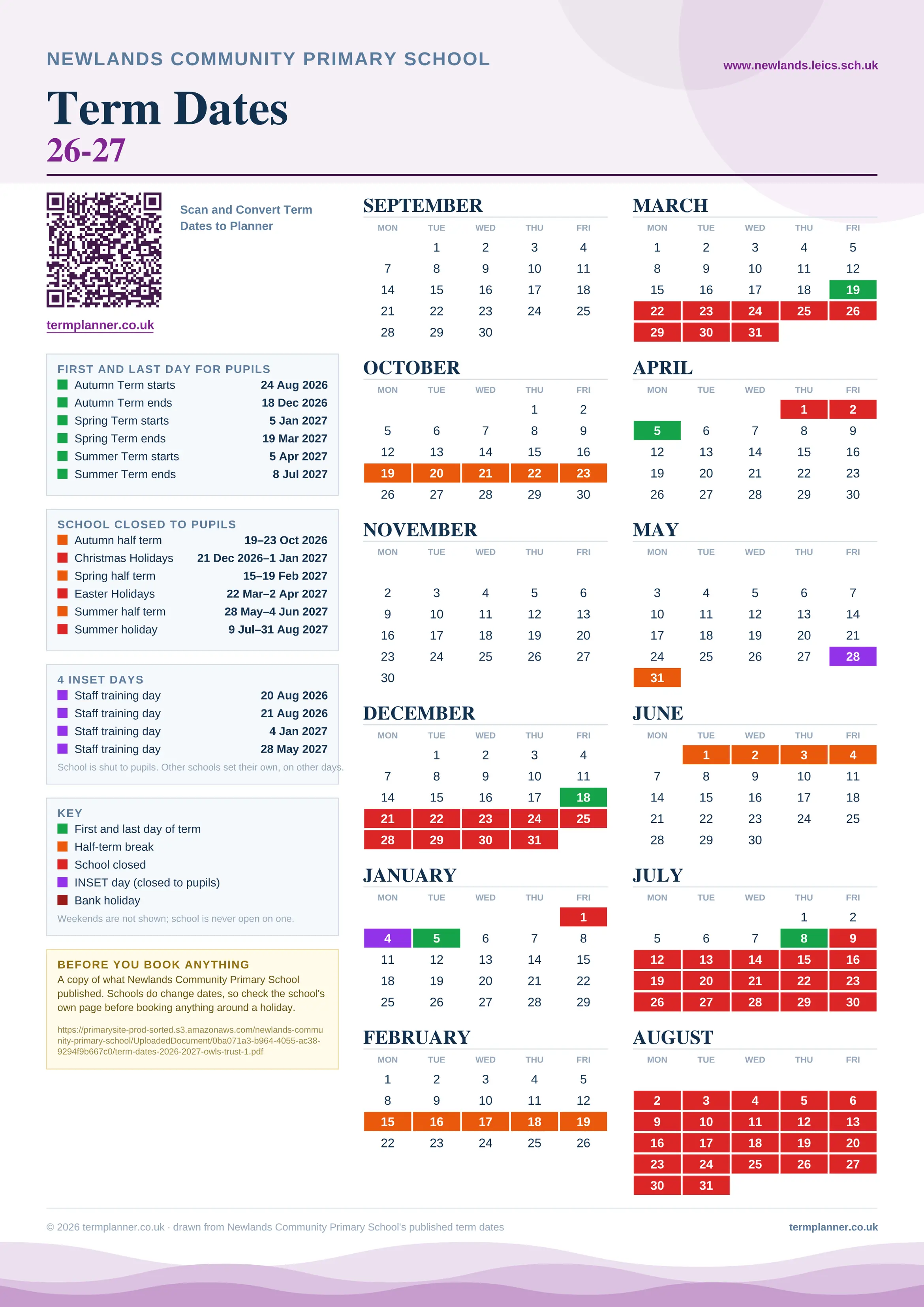 Newlands Community Primary School’s 2026/27 school year drawn as one sheet: twelve month grids from September to August, Monday to Friday, with autumn term 24 August to 18 December 2026, spring term 5 January to 19 March 2027, summer term 5 April to 8 July 2027. Half terms, holidays and bank holidays are filled in colour, the first and last day of each term is marked, 4 INSET days are picked out, and every date is listed again in words down the left.