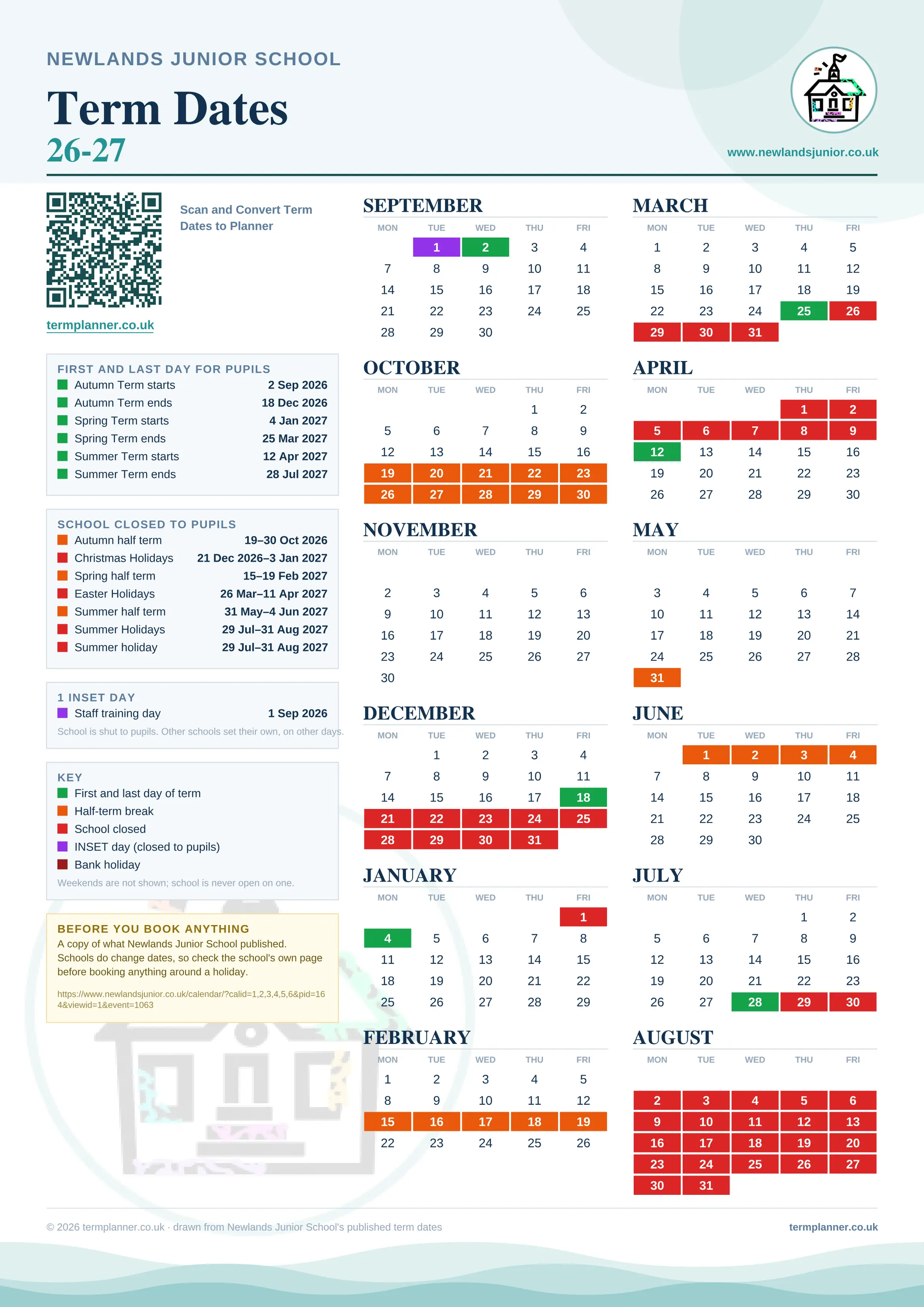 Newlands Junior School’s 2026/27 school year drawn as one sheet: twelve month grids from September to August, Monday to Friday, with autumn term 2 September to 18 December 2026, spring term 4 January to 25 March 2027, summer term 12 April to 28 July 2027. Half terms, holidays and bank holidays are filled in colour, the first and last day of each term is marked, 1 INSET day is picked out, and every date is listed again in words down the left.
