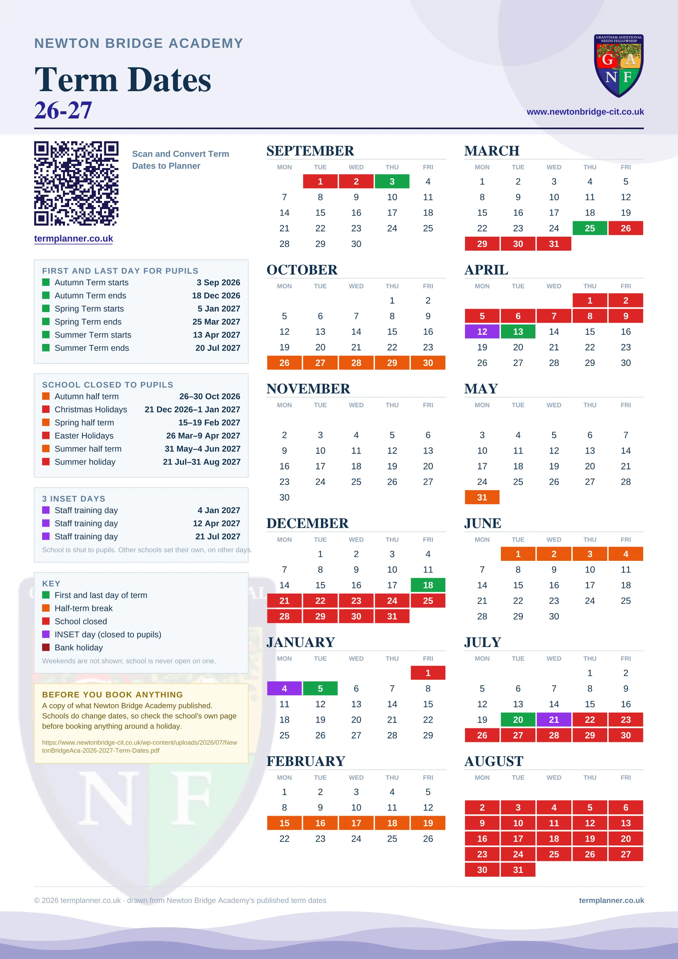 Newton Bridge Academy’s 2026/27 school year drawn as one sheet: twelve month grids from September to August, Monday to Friday, with autumn term 3 September to 18 December 2026, spring term 5 January to 25 March 2027, summer term 13 April to 20 July 2027. Half terms, holidays and bank holidays are filled in colour, the first and last day of each term is marked, 3 INSET days are picked out, and every date is listed again in words down the left.