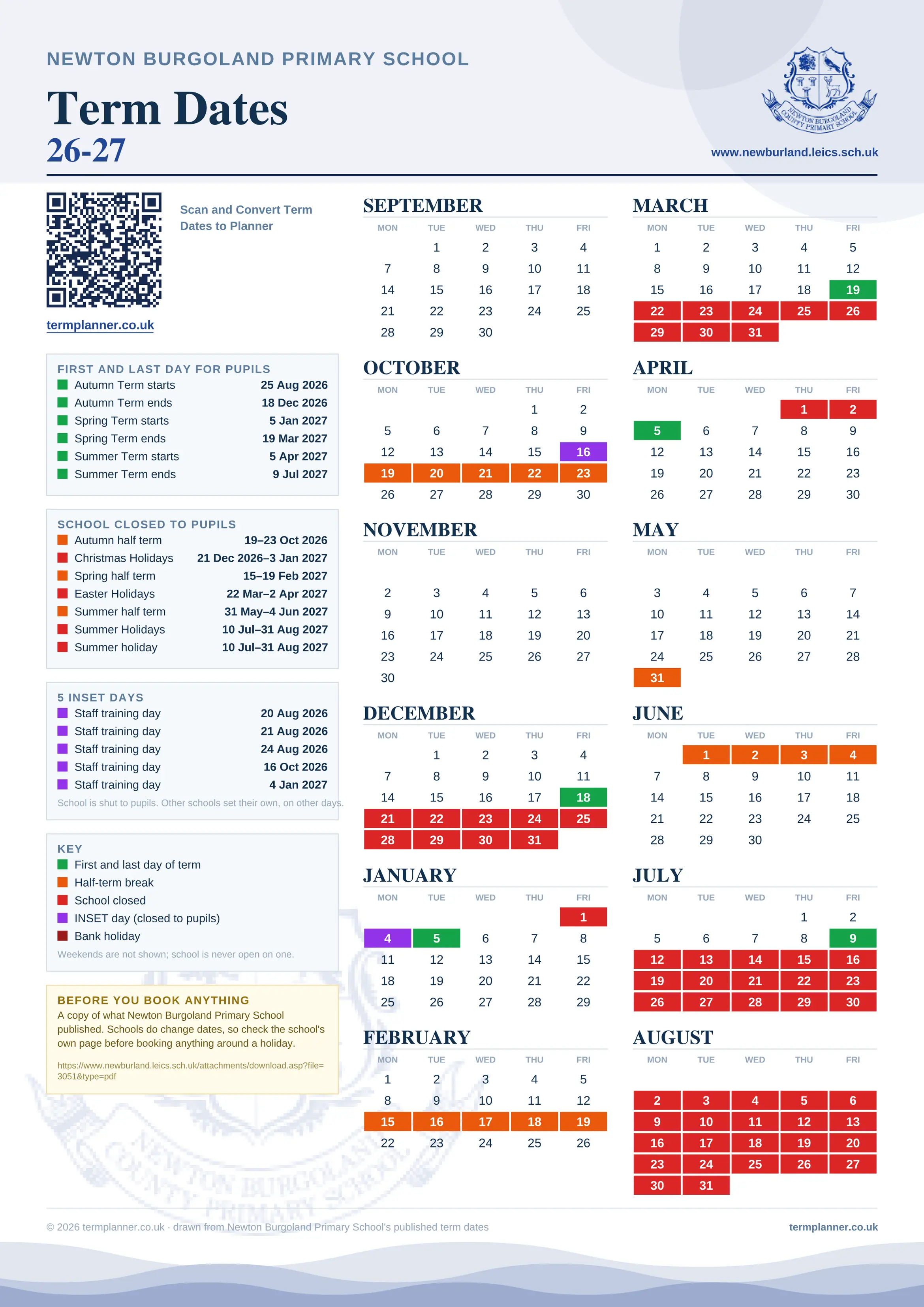 Newton Burgoland Primary School’s 2026/27 school year drawn as one sheet: twelve month grids from September to August, Monday to Friday, with autumn term 25 August to 18 December 2026, spring term 5 January to 19 March 2027, summer term 5 April to 9 July 2027. Half terms, holidays and bank holidays are filled in colour, the first and last day of each term is marked, 5 INSET days are picked out, and every date is listed again in words down the left.