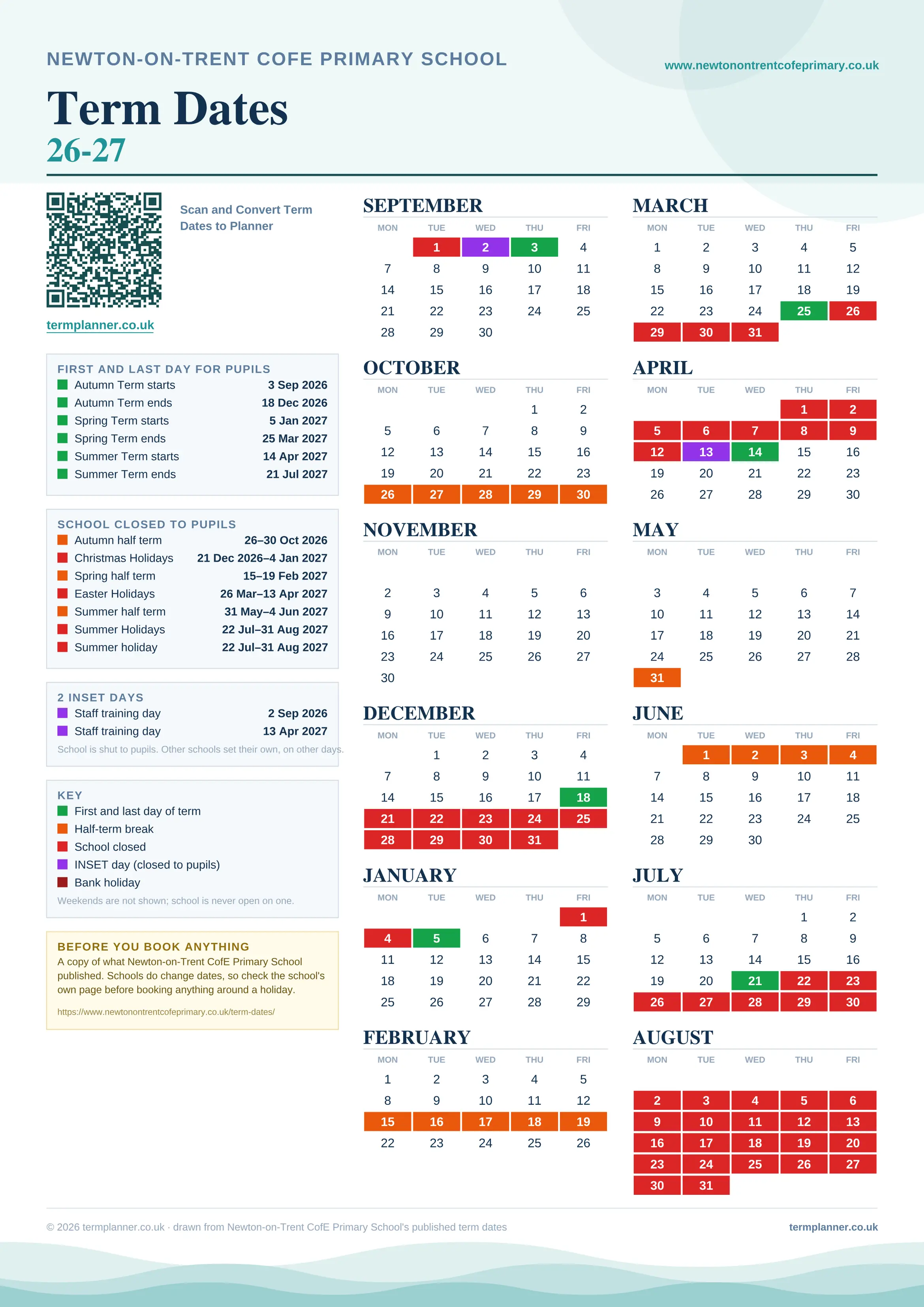 Newton-on-Trent CofE Primary School’s 2026/27 school year drawn as one sheet: twelve month grids from September to August, Monday to Friday, with autumn term 3 September to 18 December 2026, spring term 5 January to 25 March 2027, summer term 14 April to 21 July 2027. Half terms, holidays and bank holidays are filled in colour, the first and last day of each term is marked, 2 INSET days are picked out, and every date is listed again in words down the left.