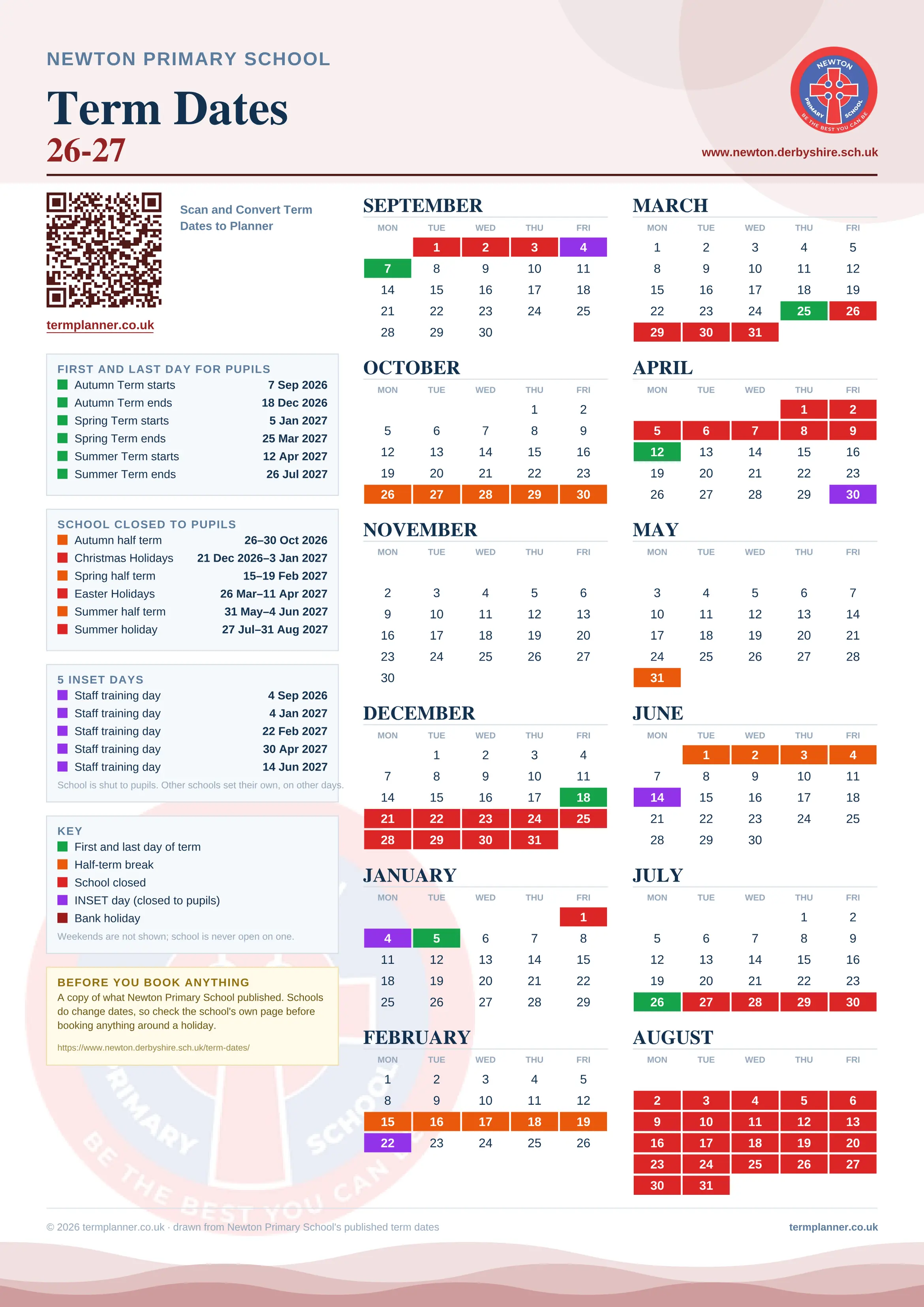 Newton Primary School’s 2026/27 school year drawn as one sheet: twelve month grids from September to August, Monday to Friday, with autumn term 7 September to 18 December 2026, spring term 5 January to 25 March 2027, summer term 12 April to 26 July 2027. Half terms, holidays and bank holidays are filled in colour, the first and last day of each term is marked, 5 INSET days are picked out, and every date is listed again in words down the left.
