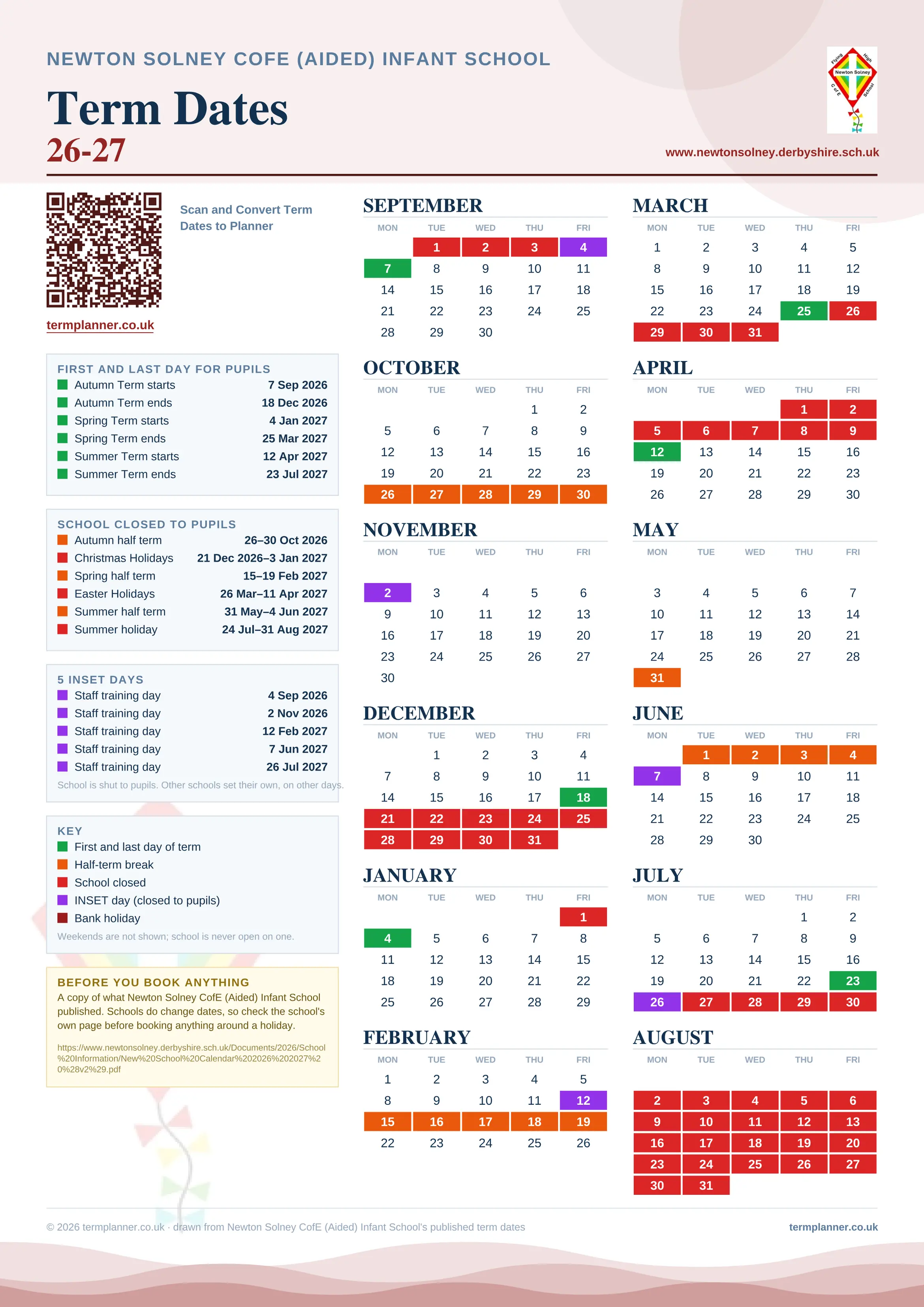 Newton Solney CofE (Aided) Infant School’s 2026/27 school year drawn as one sheet: twelve month grids from September to August, Monday to Friday, with autumn term 7 September to 18 December 2026, spring term 4 January to 25 March 2027, summer term 12 April to 23 July 2027. Half terms, holidays and bank holidays are filled in colour, the first and last day of each term is marked, 5 INSET days are picked out, and every date is listed again in words down the left.