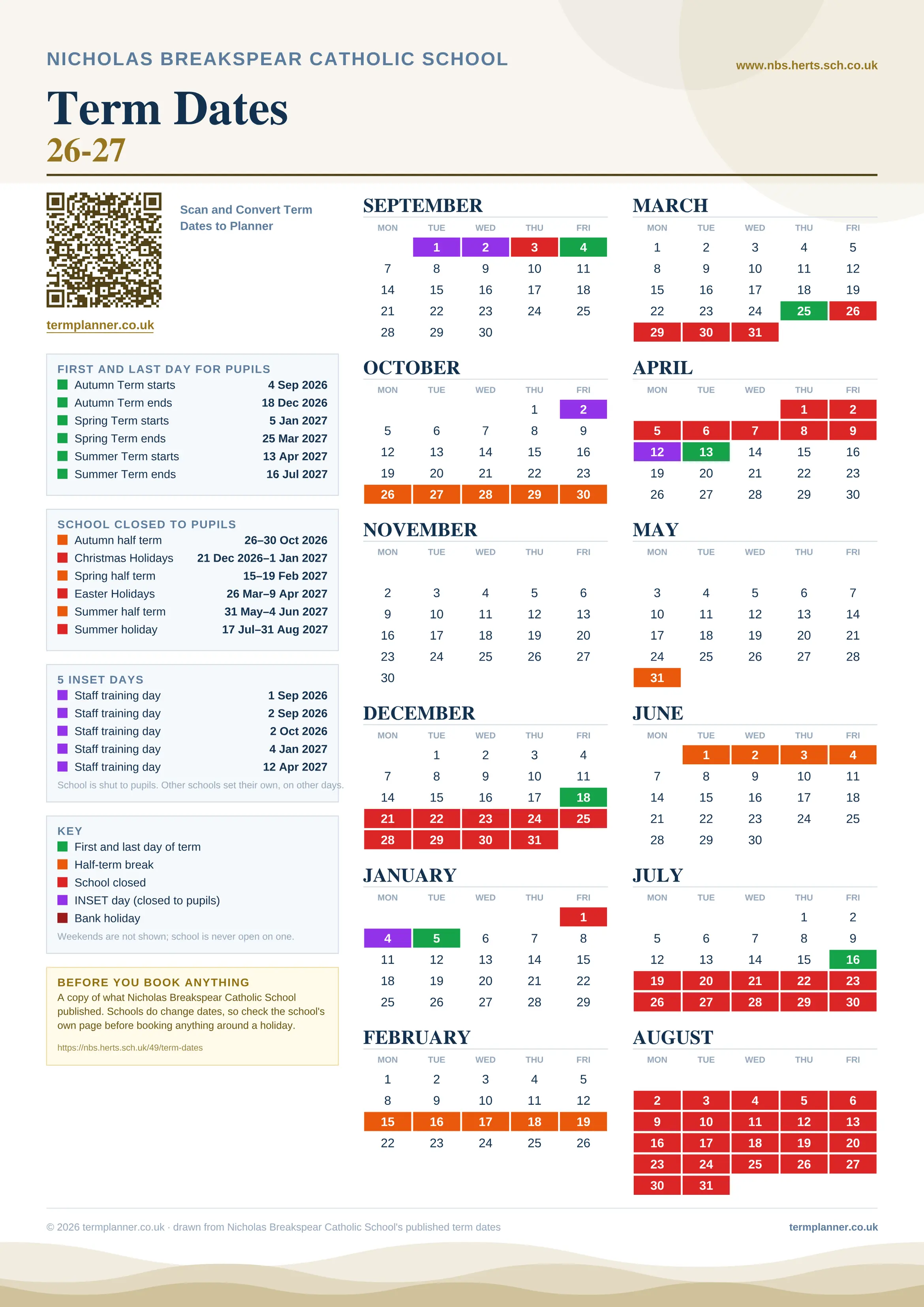 Nicholas Breakspear Catholic School’s 2026/27 school year drawn as one sheet: twelve month grids from September to August, Monday to Friday, with autumn term 4 September to 18 December 2026, spring term 5 January to 25 March 2027, summer term 13 April to 16 July 2027. Half terms, holidays and bank holidays are filled in colour, the first and last day of each term is marked, 5 INSET days are picked out, and every date is listed again in words down the left.
