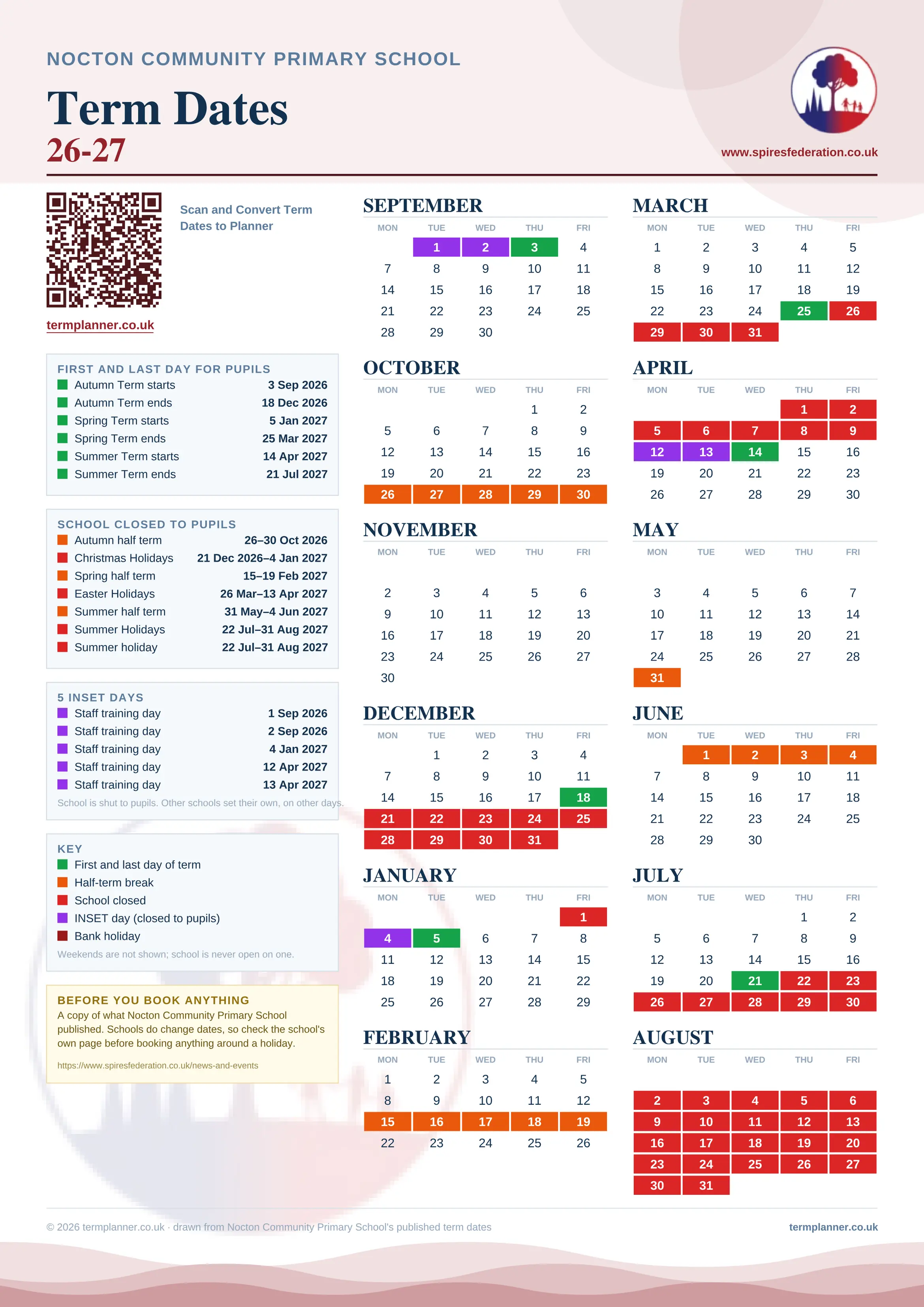 Nocton Community Primary School’s 2026/27 school year drawn as one sheet: twelve month grids from September to August, Monday to Friday, with autumn term 3 September to 18 December 2026, spring term 5 January to 25 March 2027, summer term 14 April to 21 July 2027. Half terms, holidays and bank holidays are filled in colour, the first and last day of each term is marked, 5 INSET days are picked out, and every date is listed again in words down the left.